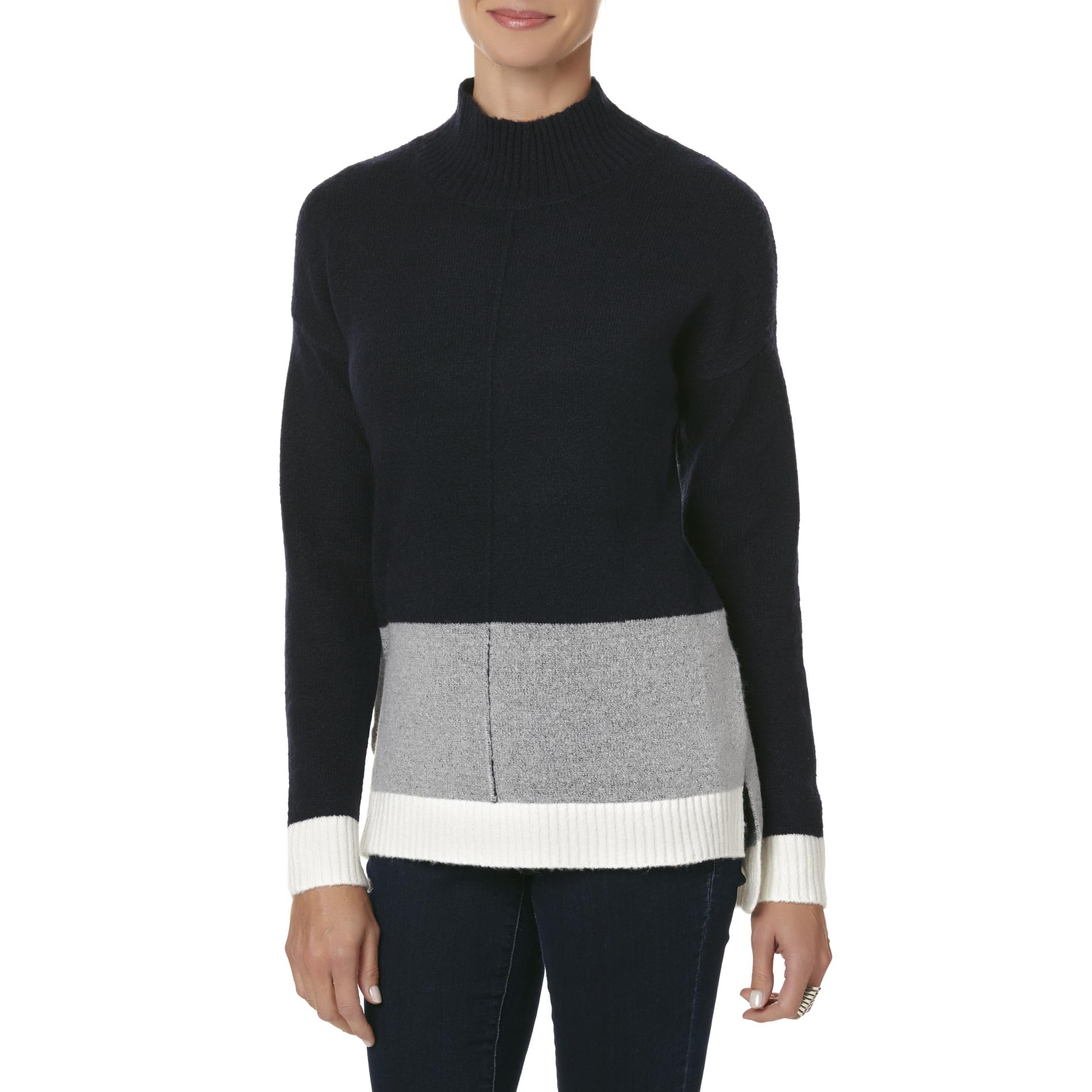 Basic Editions Women's Mock Neck Sweater - Colorblock