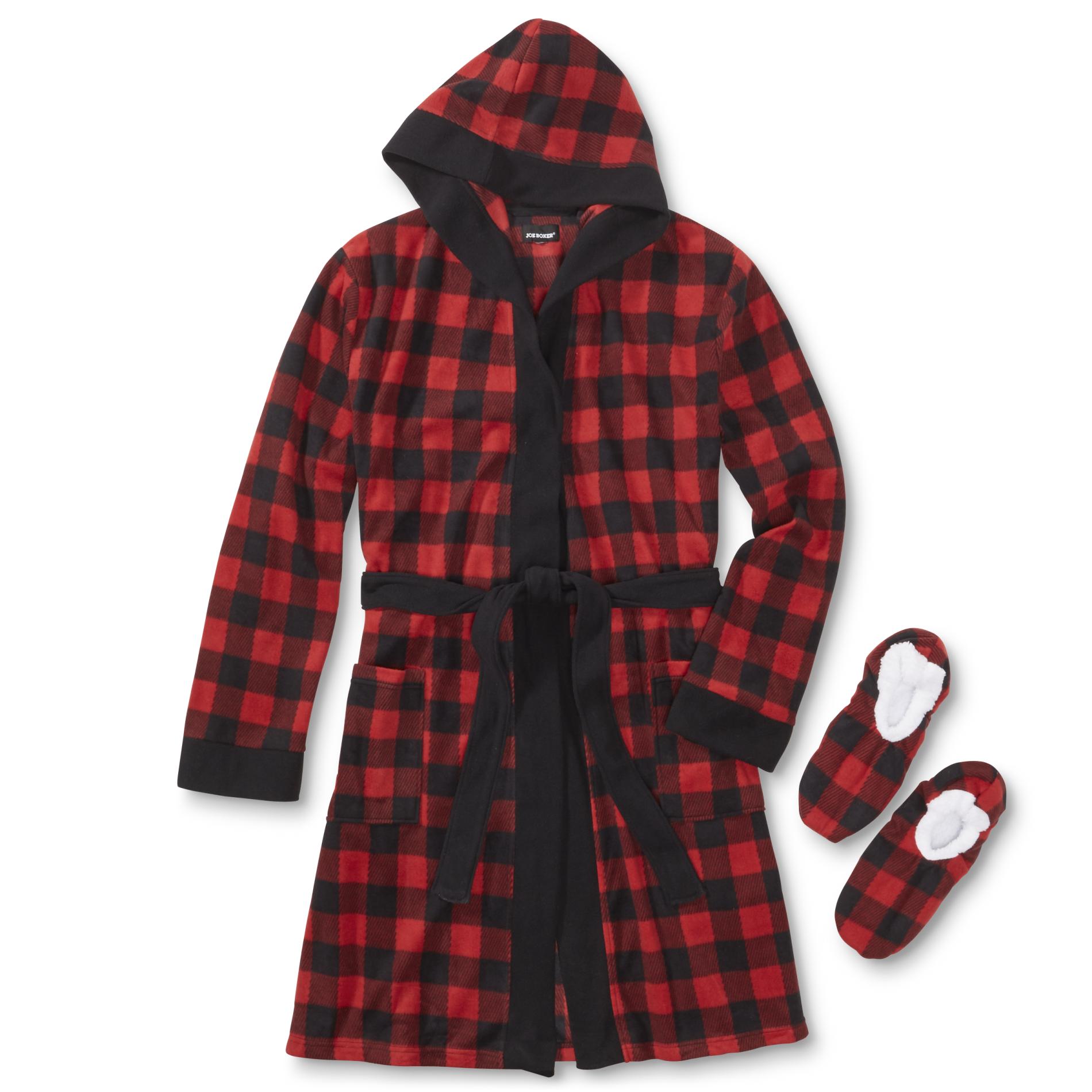 Joe Boxer Men's Fleece Hooded Robe & Slippers Plaid Shop Your Way