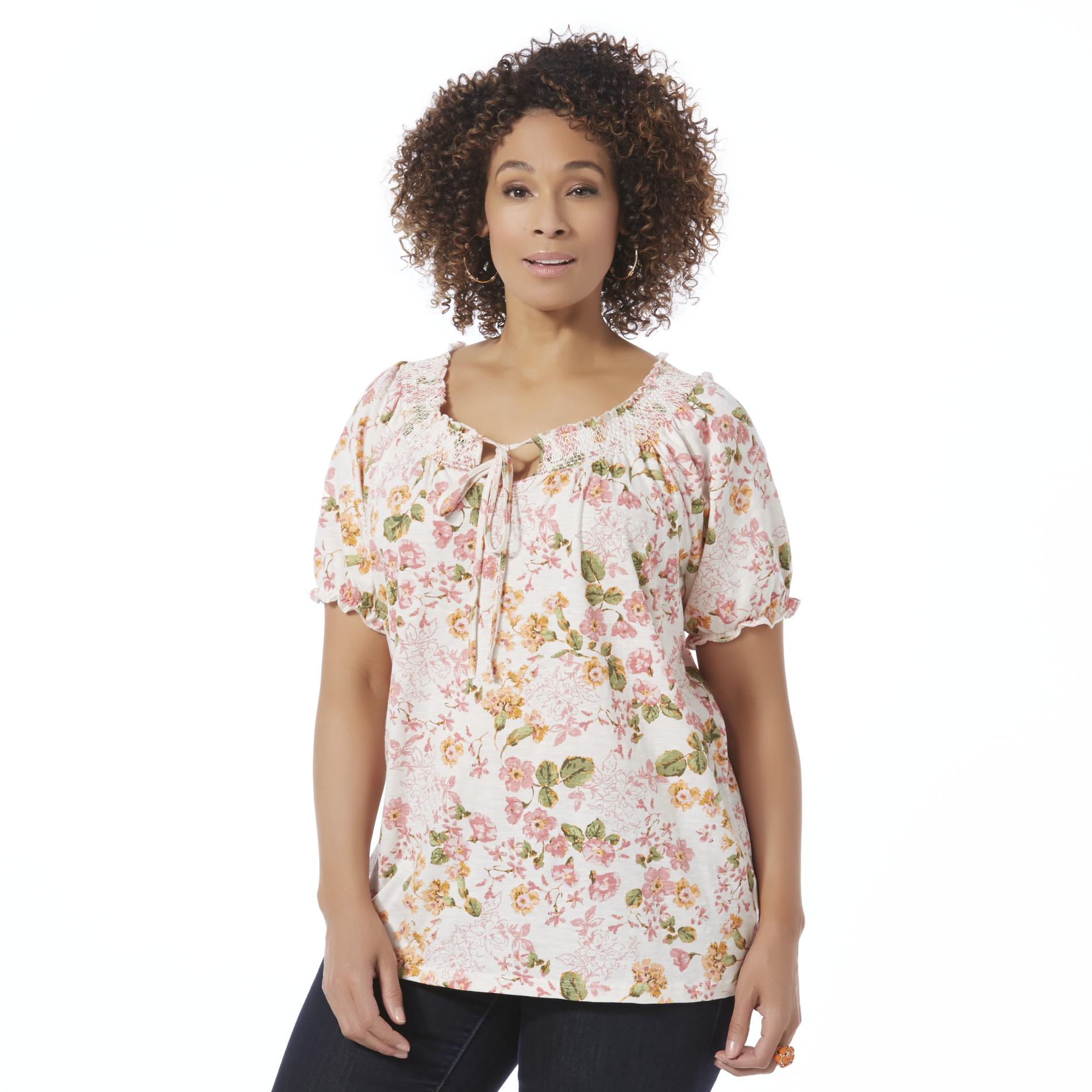 Basic Editions Women's Plus Knit Peasant Top - Floral
