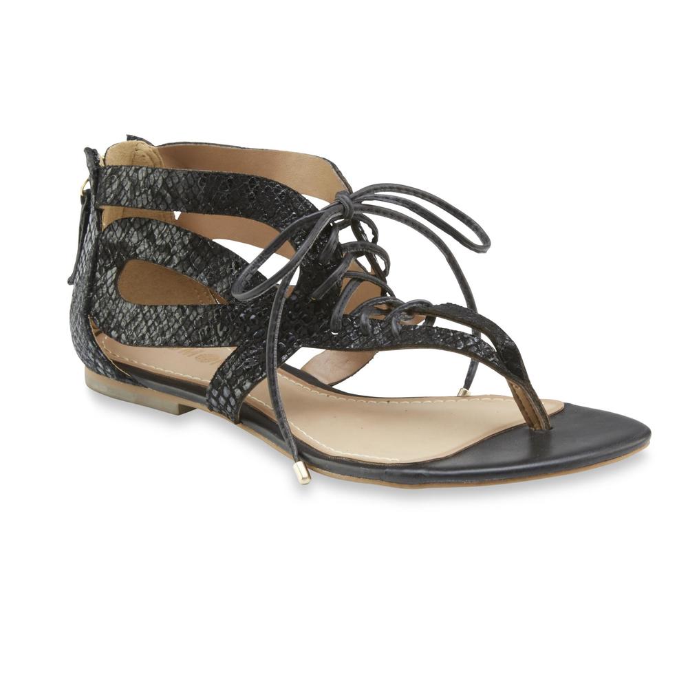 Dumond Women's Leather Embossed Snakeskin Lace-Up Sandals - Black