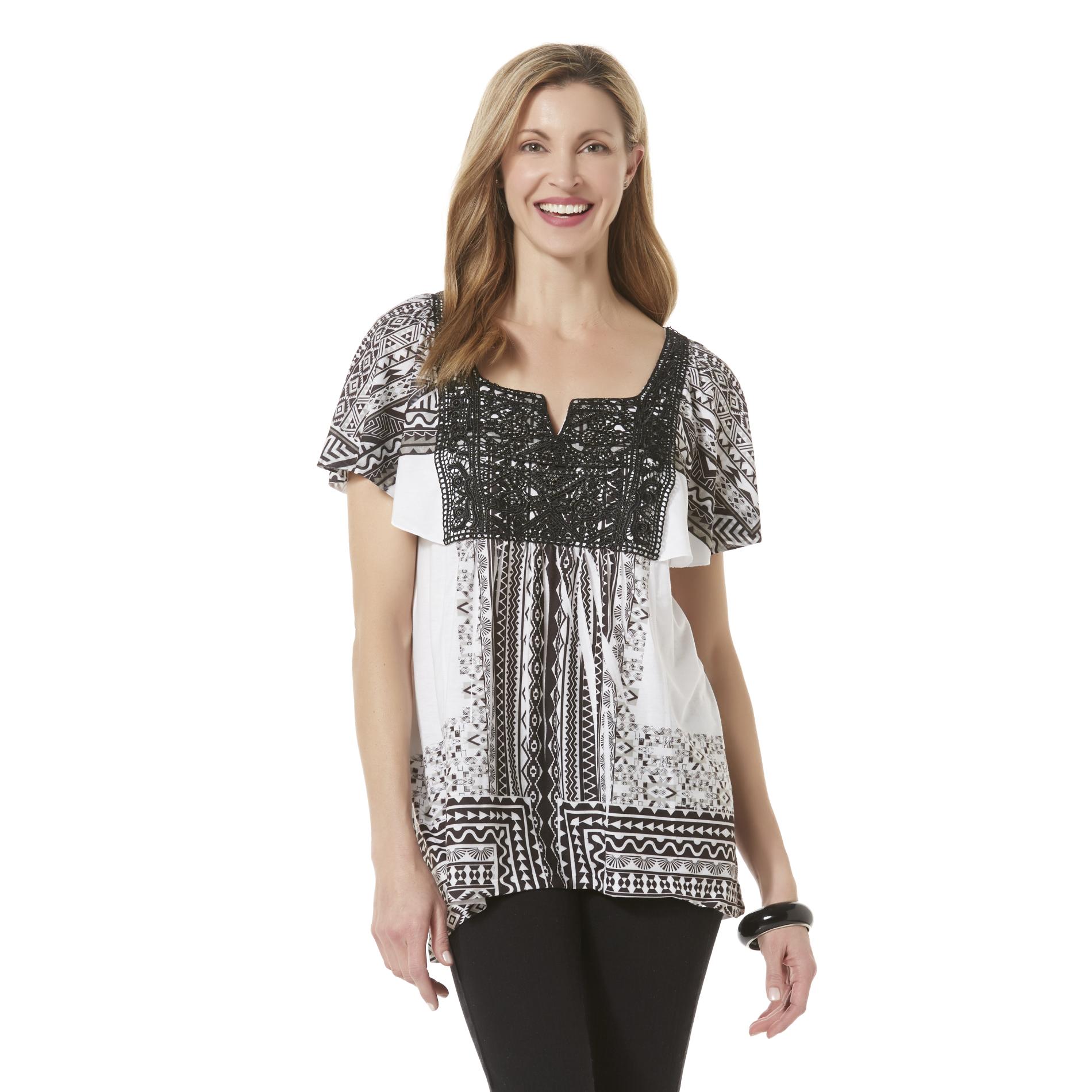 Live and Let Live Women's Plus Peasant Top - Tribal Print