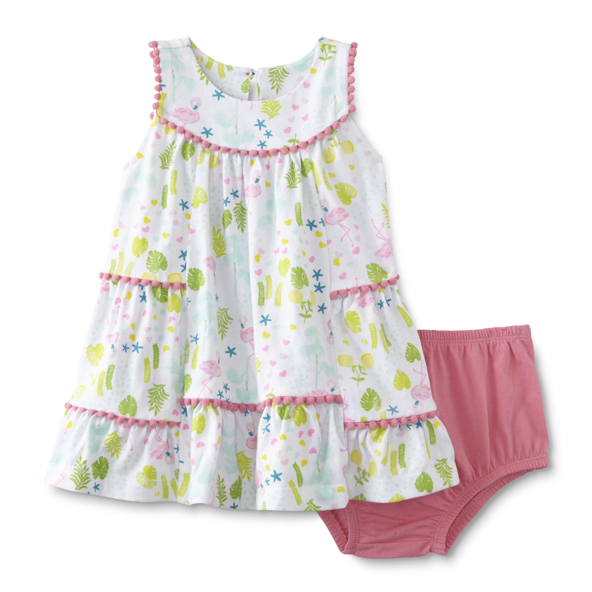 Little Wonders Newborn & Infant Girl's Tiered Dress & Diaper Cover - Tropical Flamingos