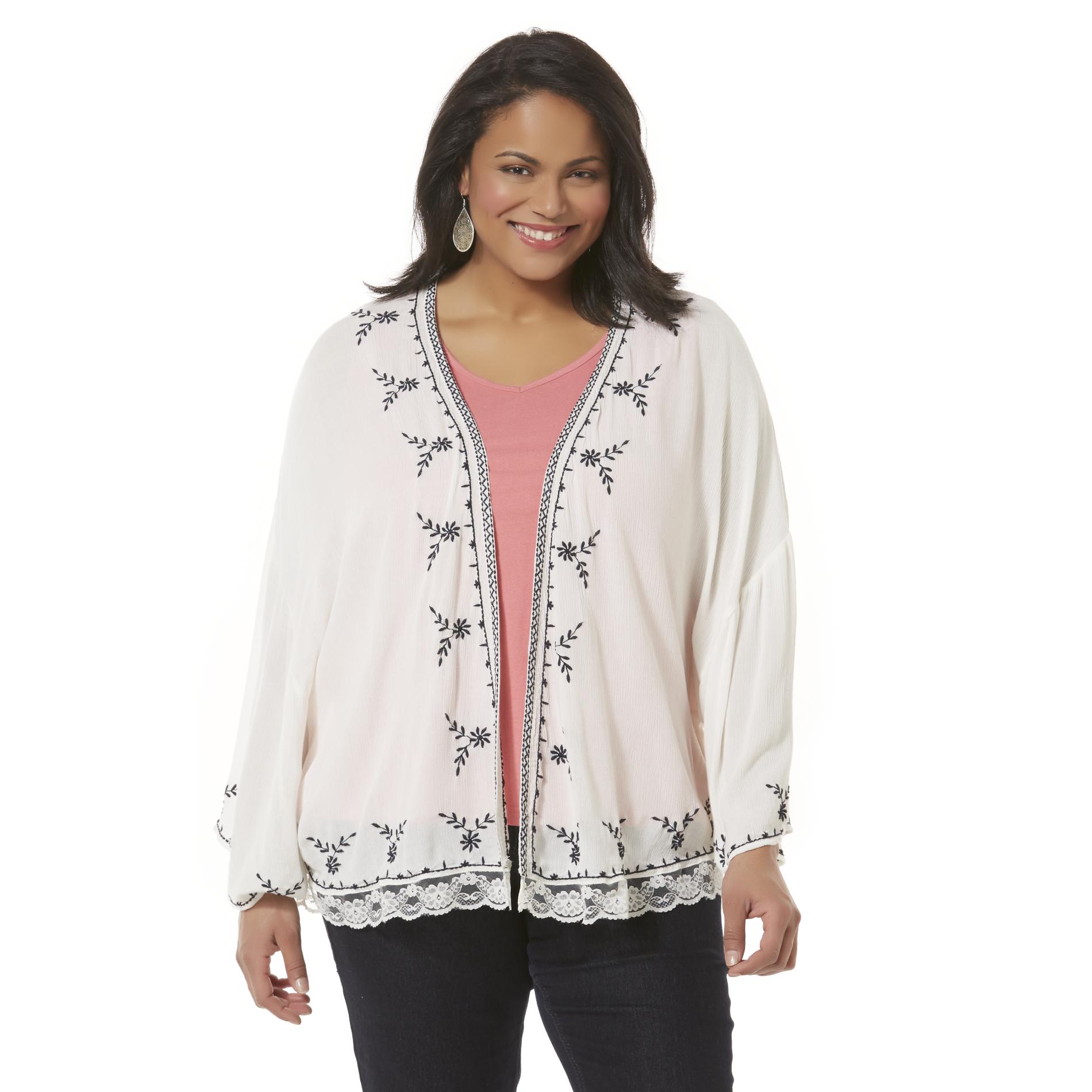 Simply Emma Women's Plus Embroidered Crepe Cardigan