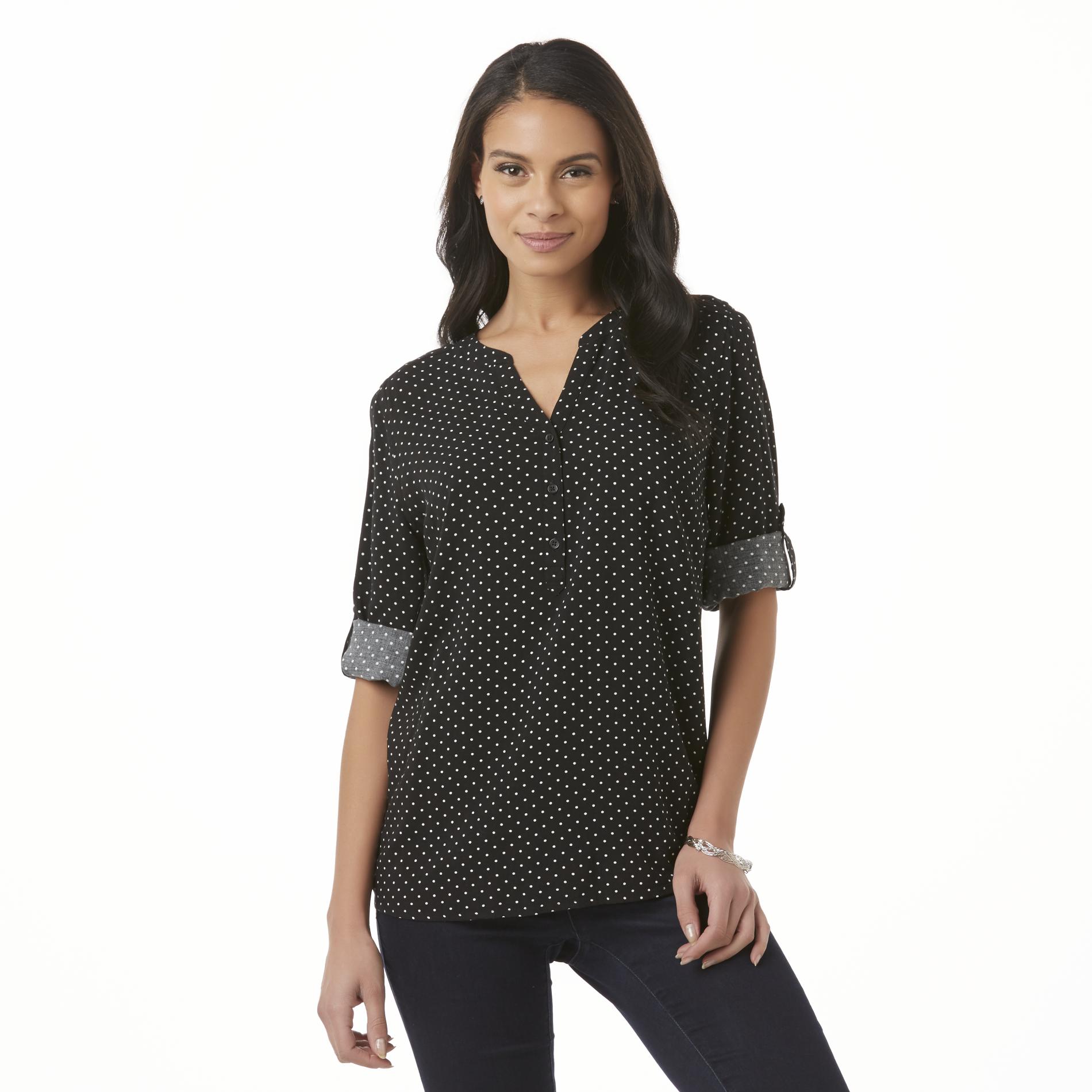 Simply Styled Women's Woven Henley Shirt - Polka Dot