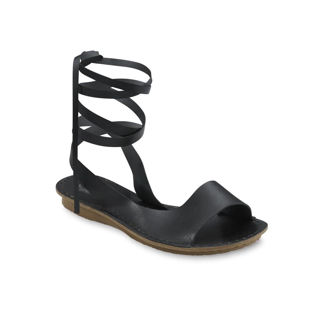 Andacco Women's Yasmin Black Leather Ankle Wrap Sandals