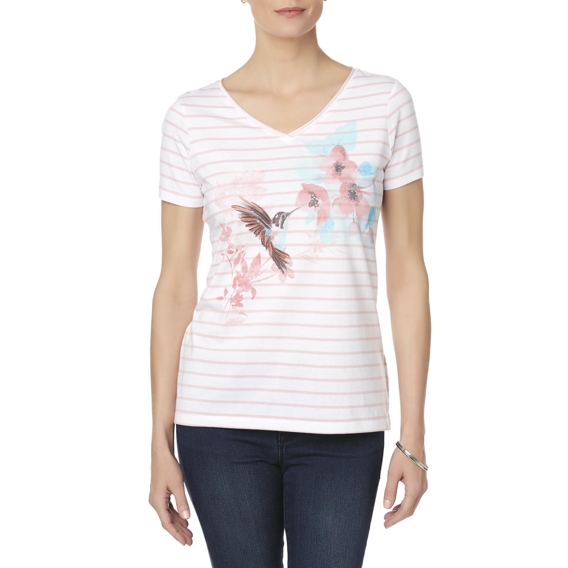 Laura Scott Women's Embellished V-Neck T-Shirt - Striped & Hummingbird