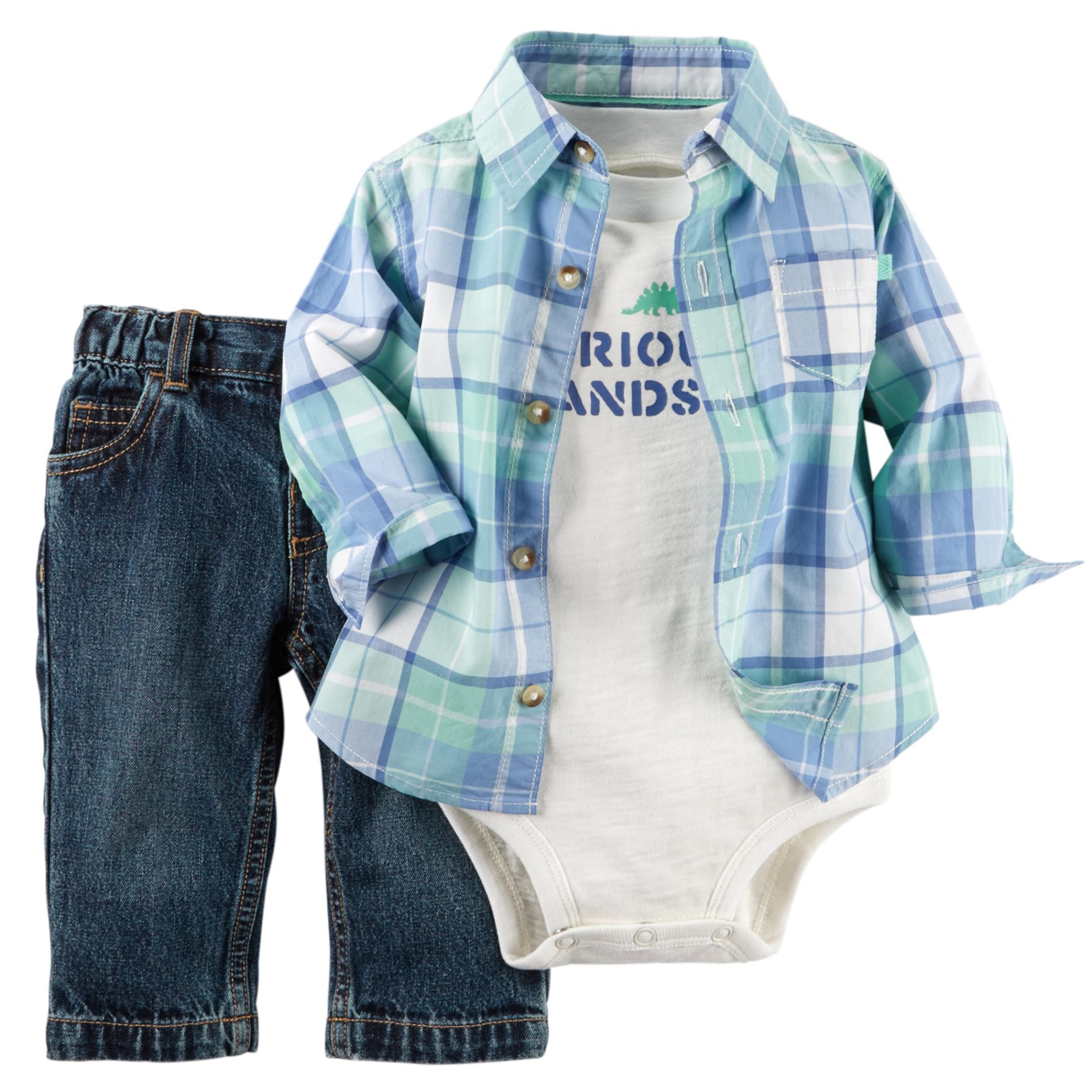 Carter's Newborn & Infant Boy's Bodysuit, Button-Front Shirt & Jeans - Plaid