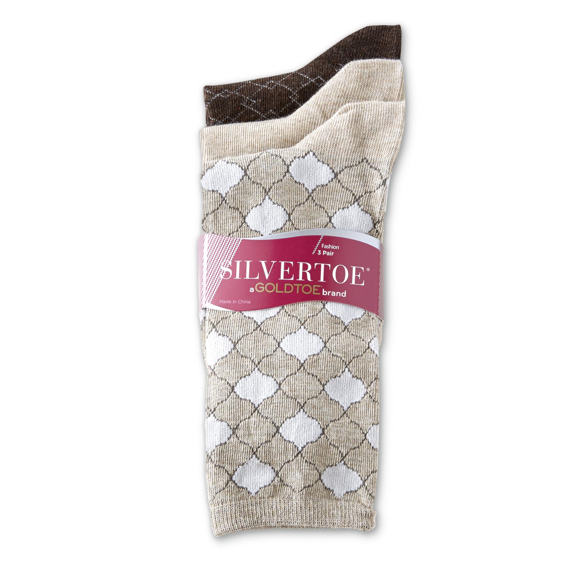 Silvertoe Women's 3-Pairs Crew Socks - Geometric & Solid
