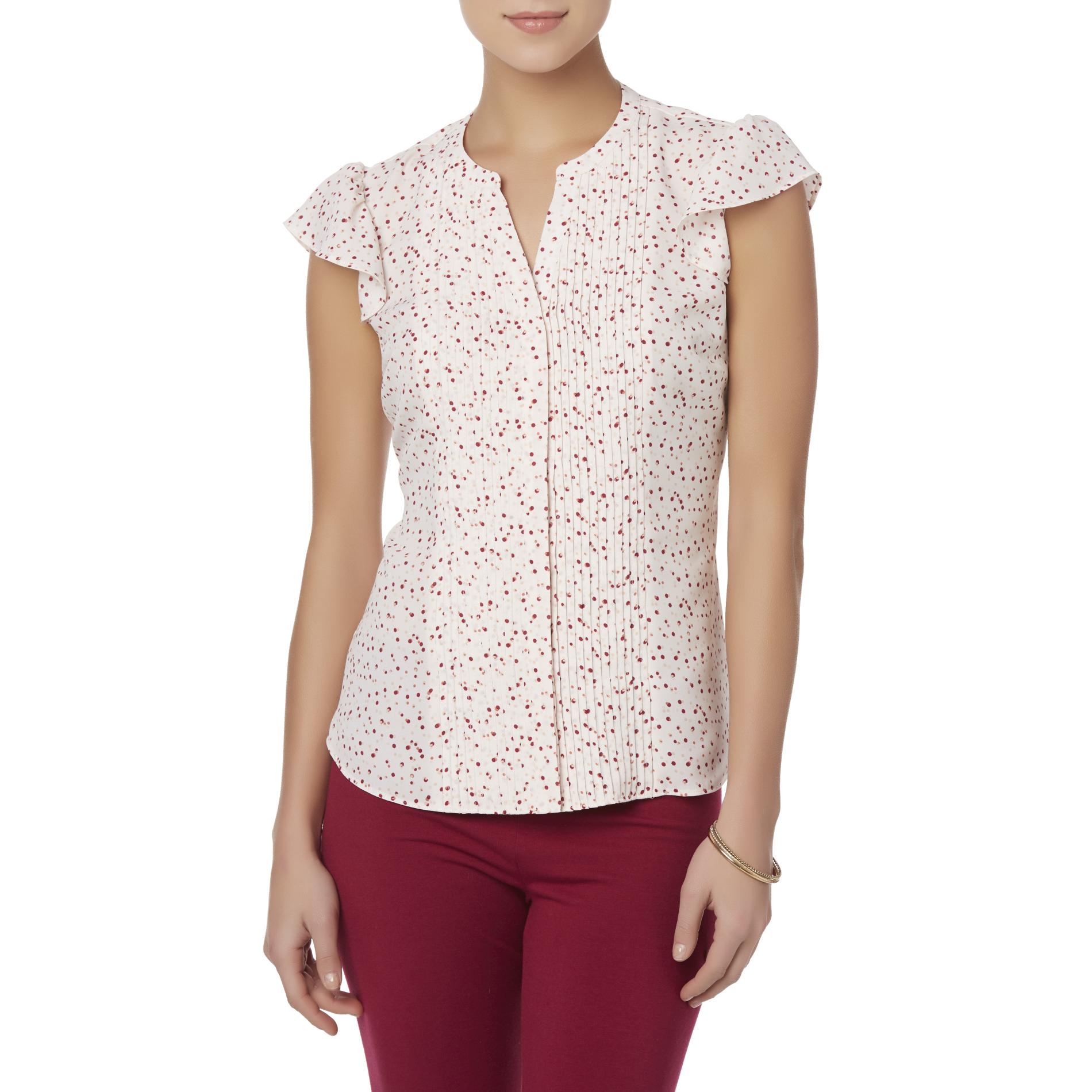 Simply Styled Women's Pintucked Flutter Sleeve Blouse - Dots