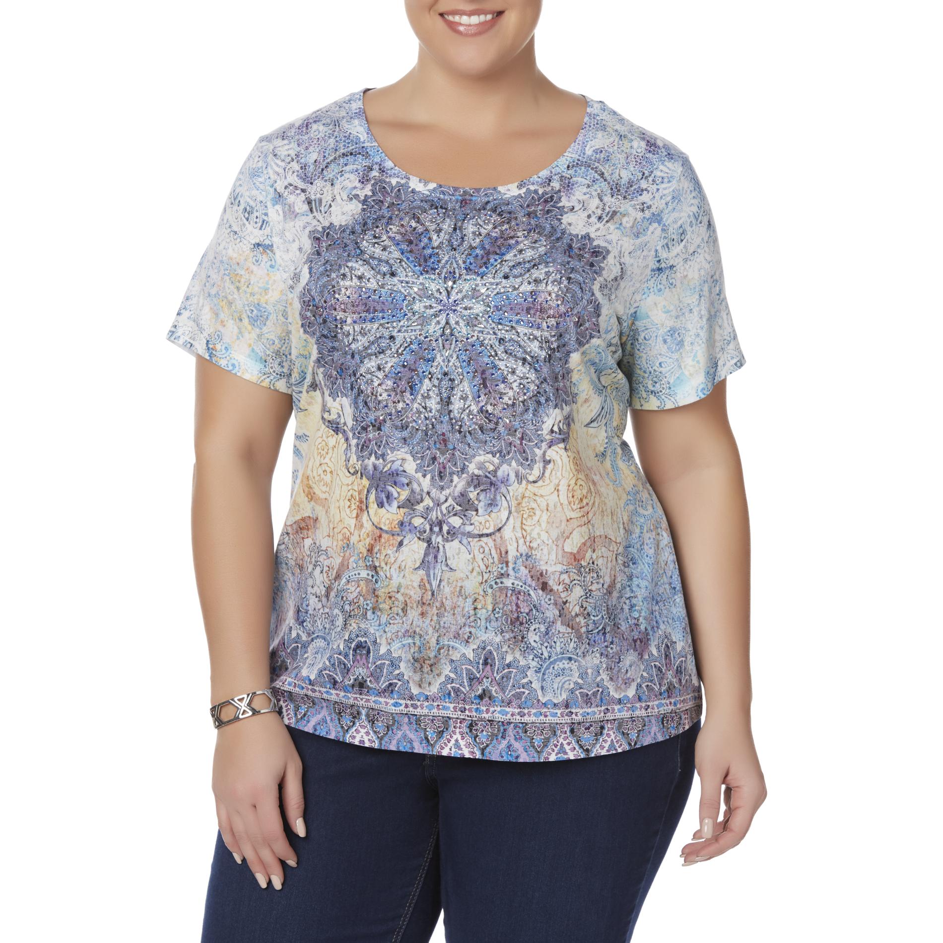 Laura Scott Women's Plus Embellished T-Shirt - Scarf Print