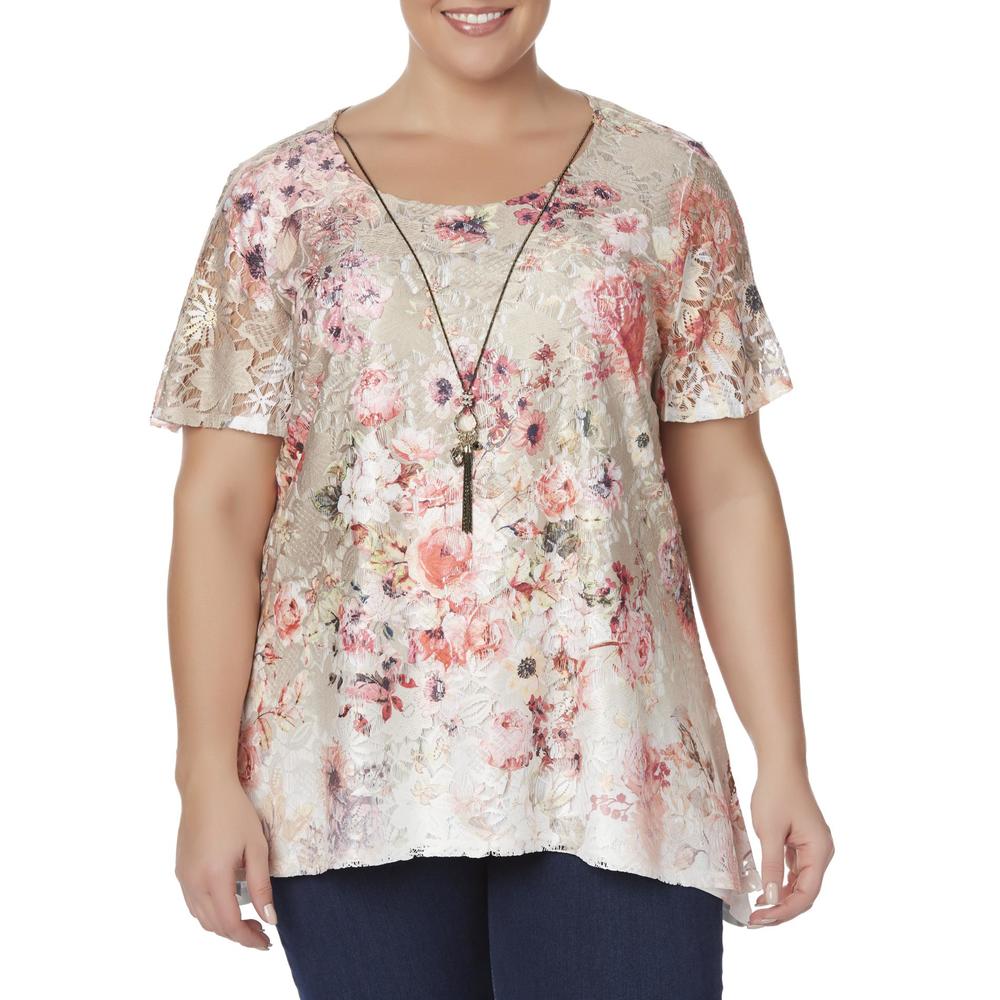 Simply Emma Women's Plus Shirt & Pendant Necklace - Floral