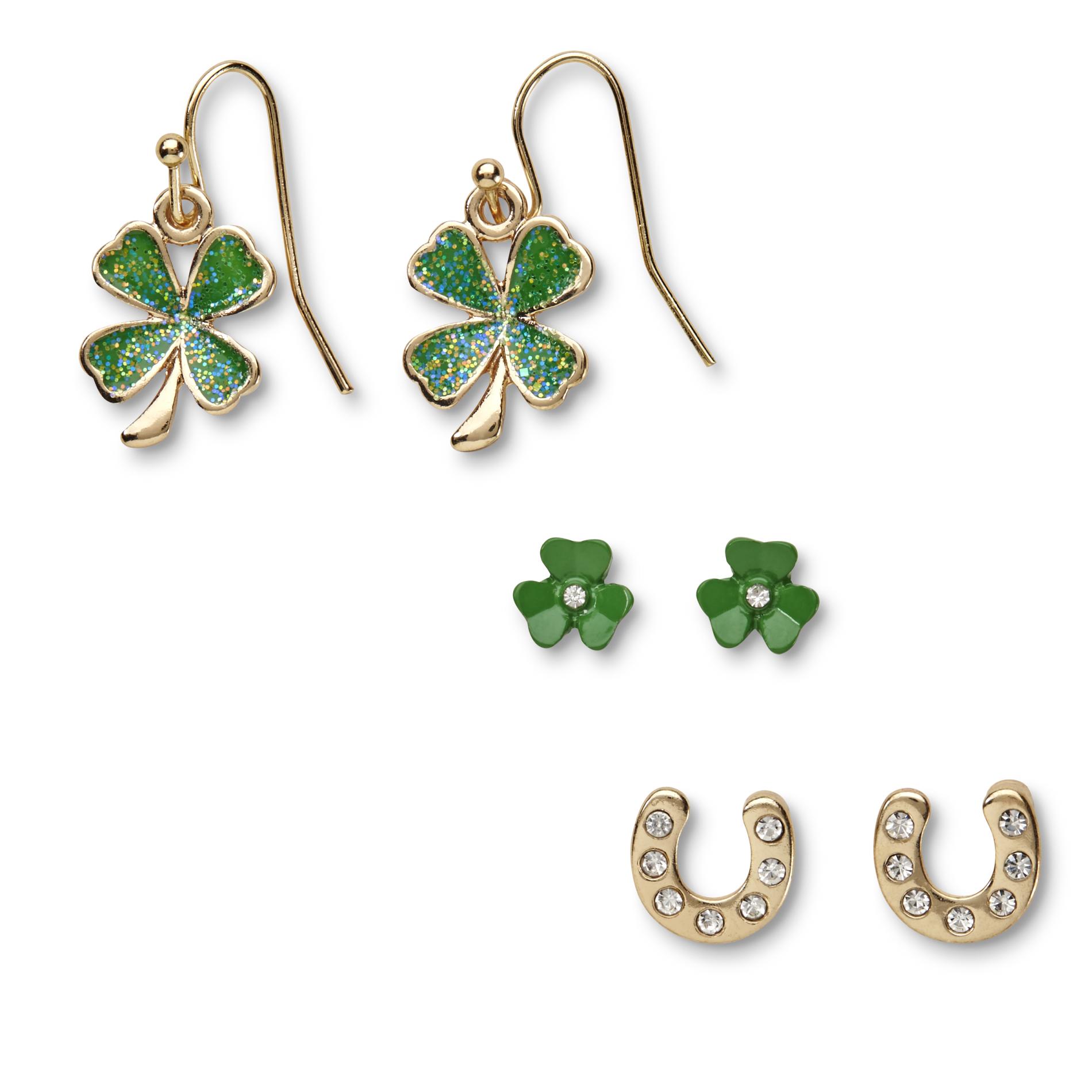 Holiday Editions Women's 3-Pairs St. Patrick's Day Stud & Dangle Earrings
