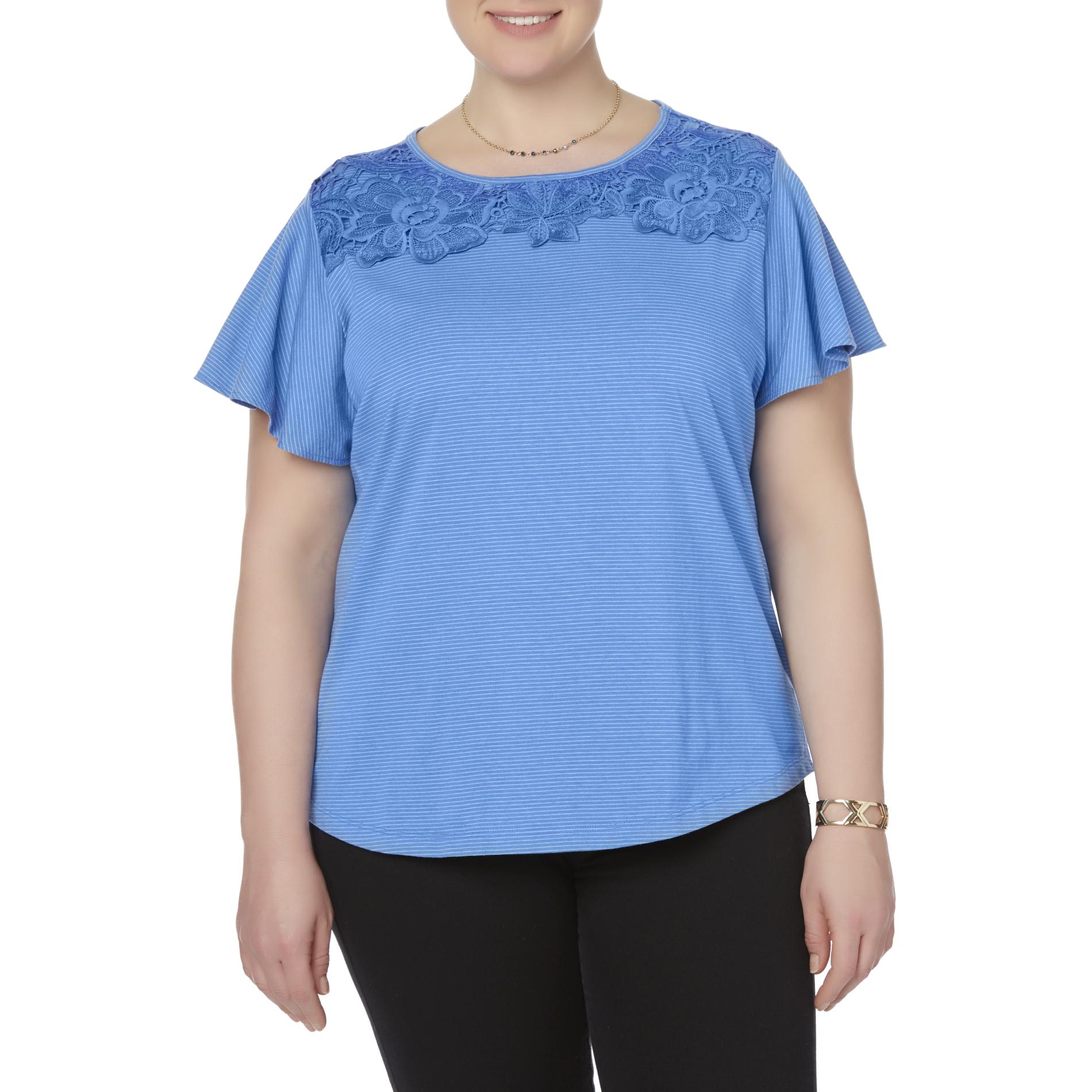 Laura Scott Women's Plus Flutter Sleeve T-Shirt - Striped
