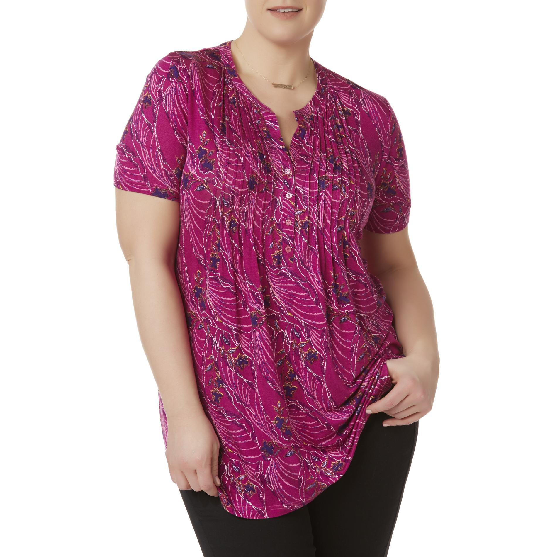 Simply Emma Women's Plus Pintuck Top - Floral