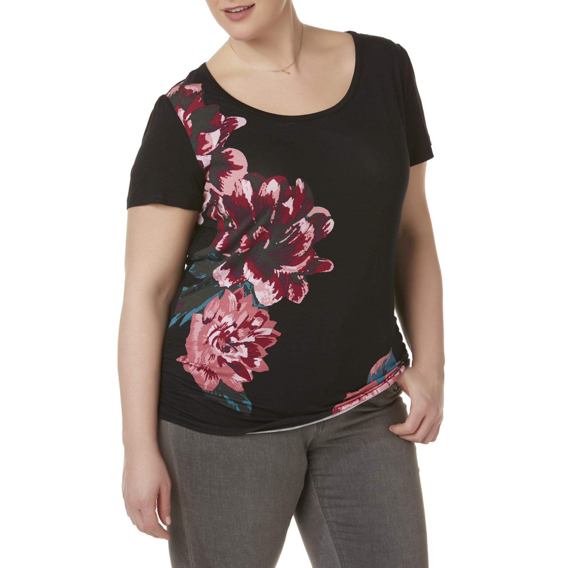 Simply Emma Women's Plus Ruched T-Shirt - Floral