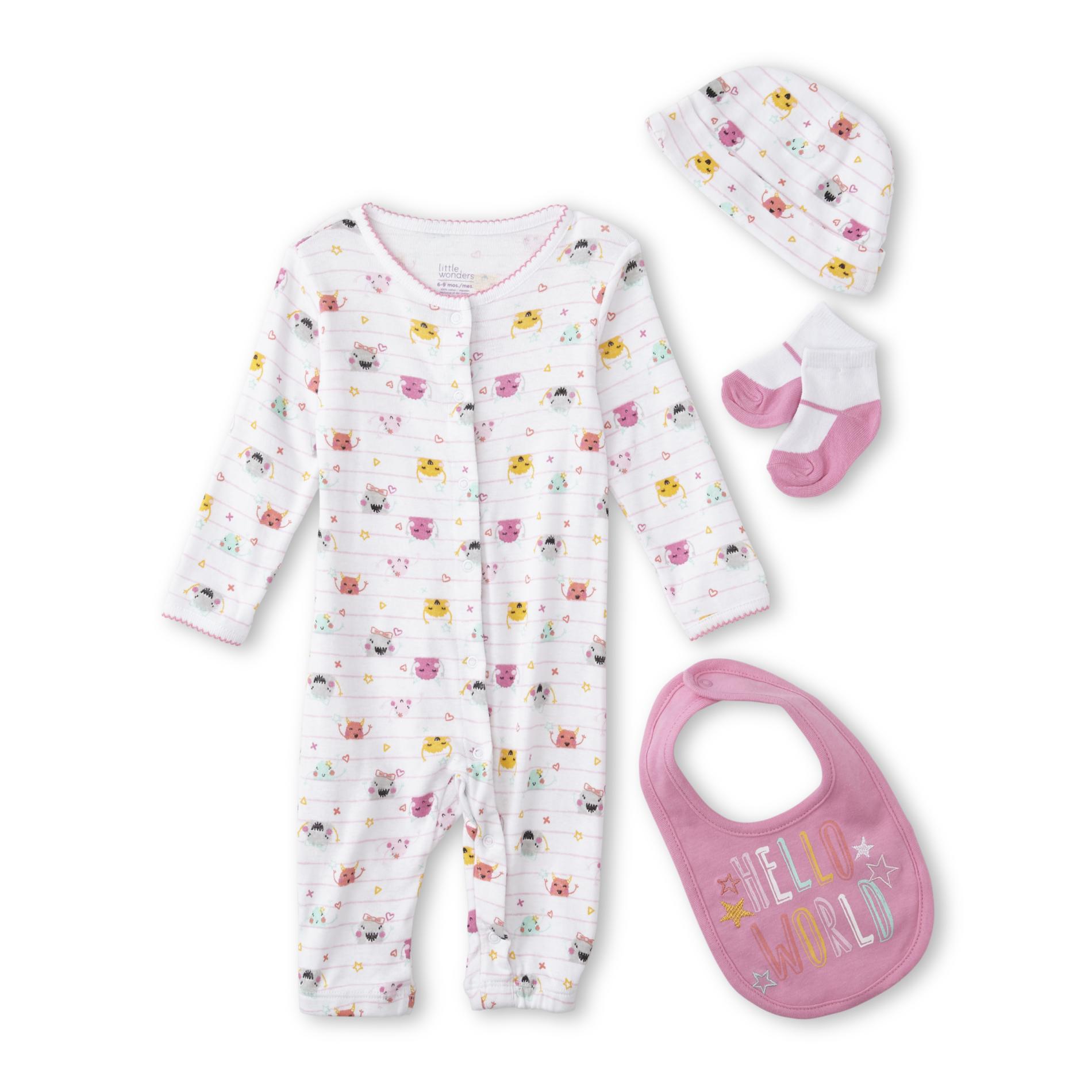 Little Wonders Infant Girls' Sleeper Pajamas, Bib, Cap & Socks - Hello World