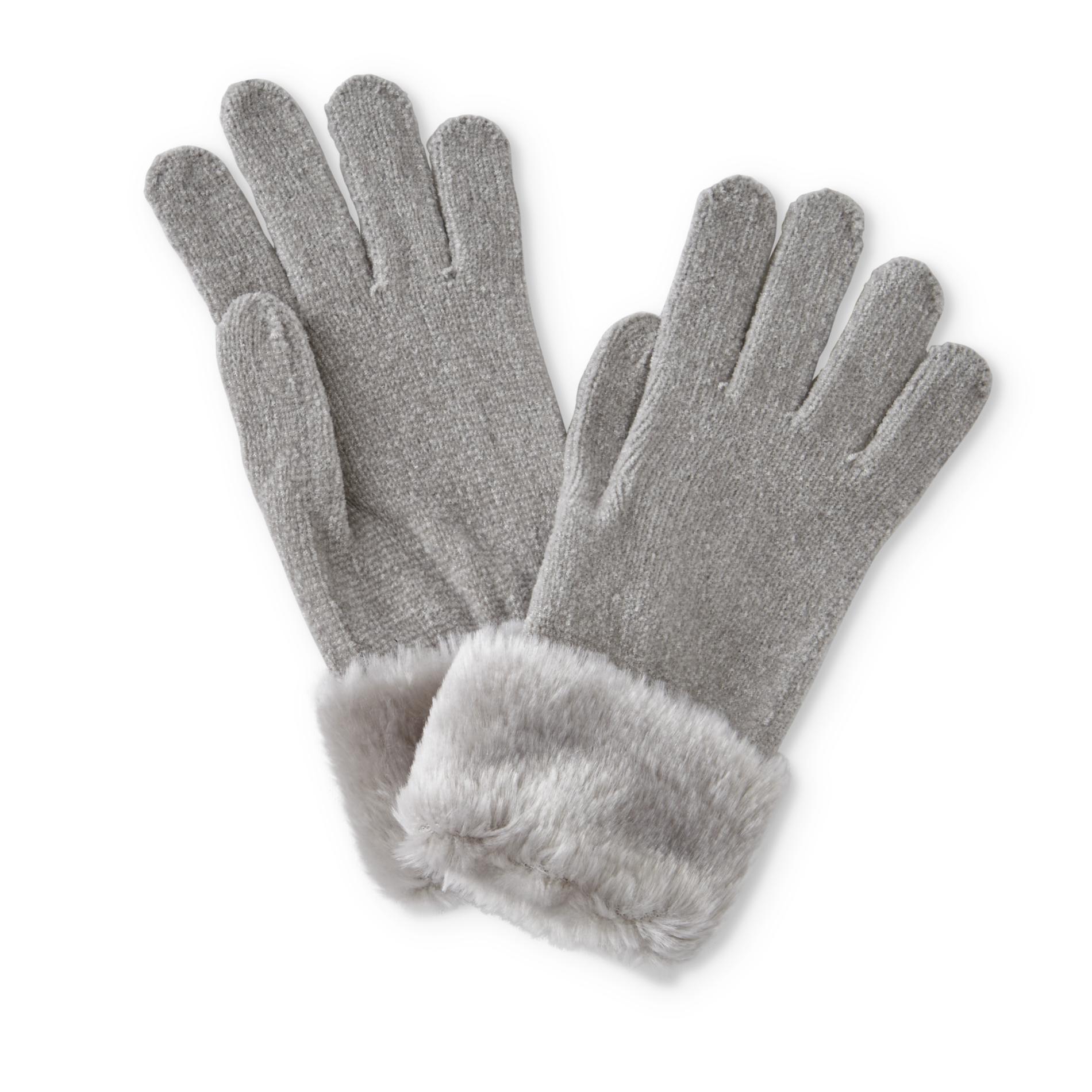 Women's Faux Fur Trim Chenille Gloves, Size: One size, Black Women's Faux Fur Trim Chenille Gloves, Size: One size, Black