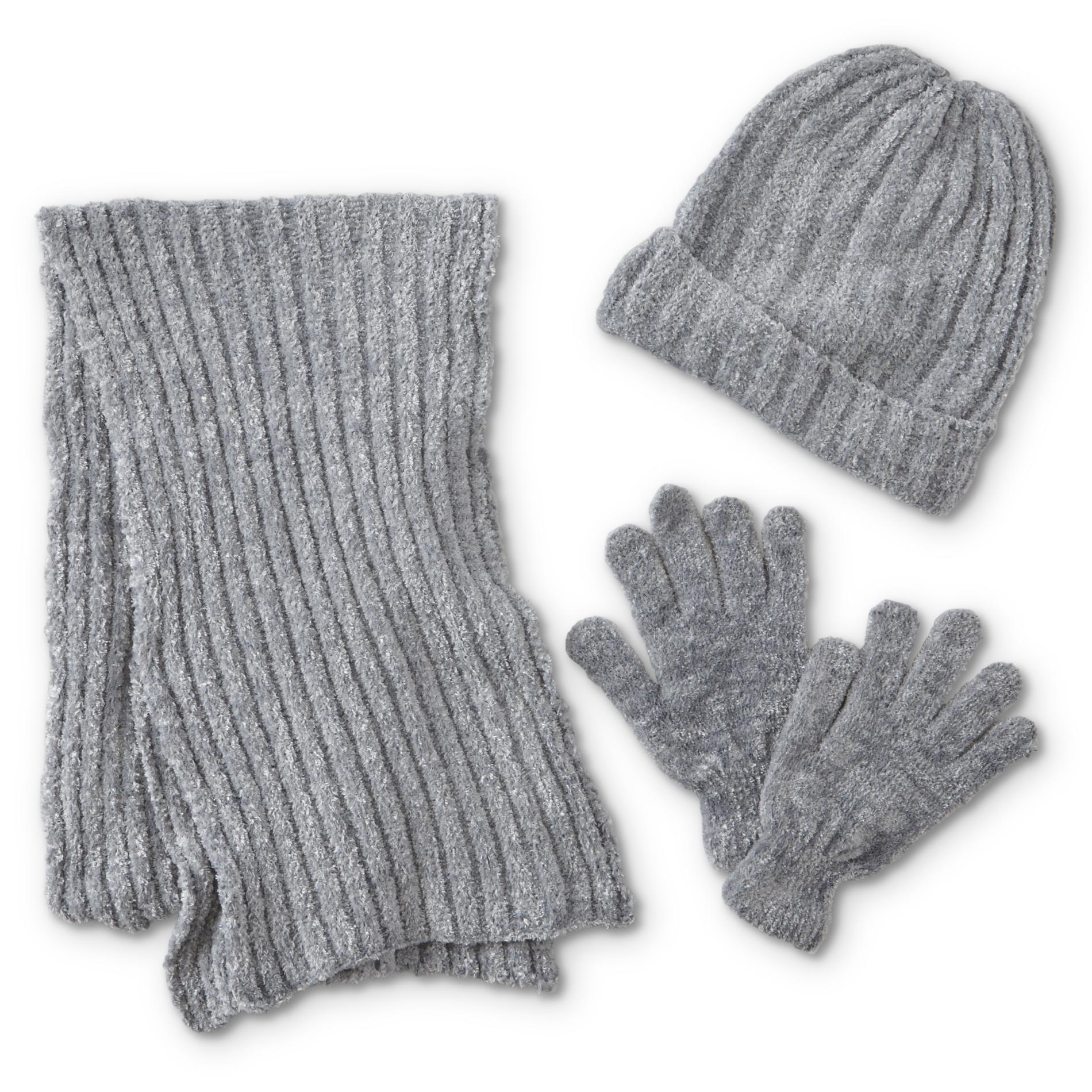 Women's Chenille Hat, Scarf & Gloves Set, Size: One size, Black Marl Women's Chenille Hat, Scarf & Gloves Set, Size: One size, Black Marl
