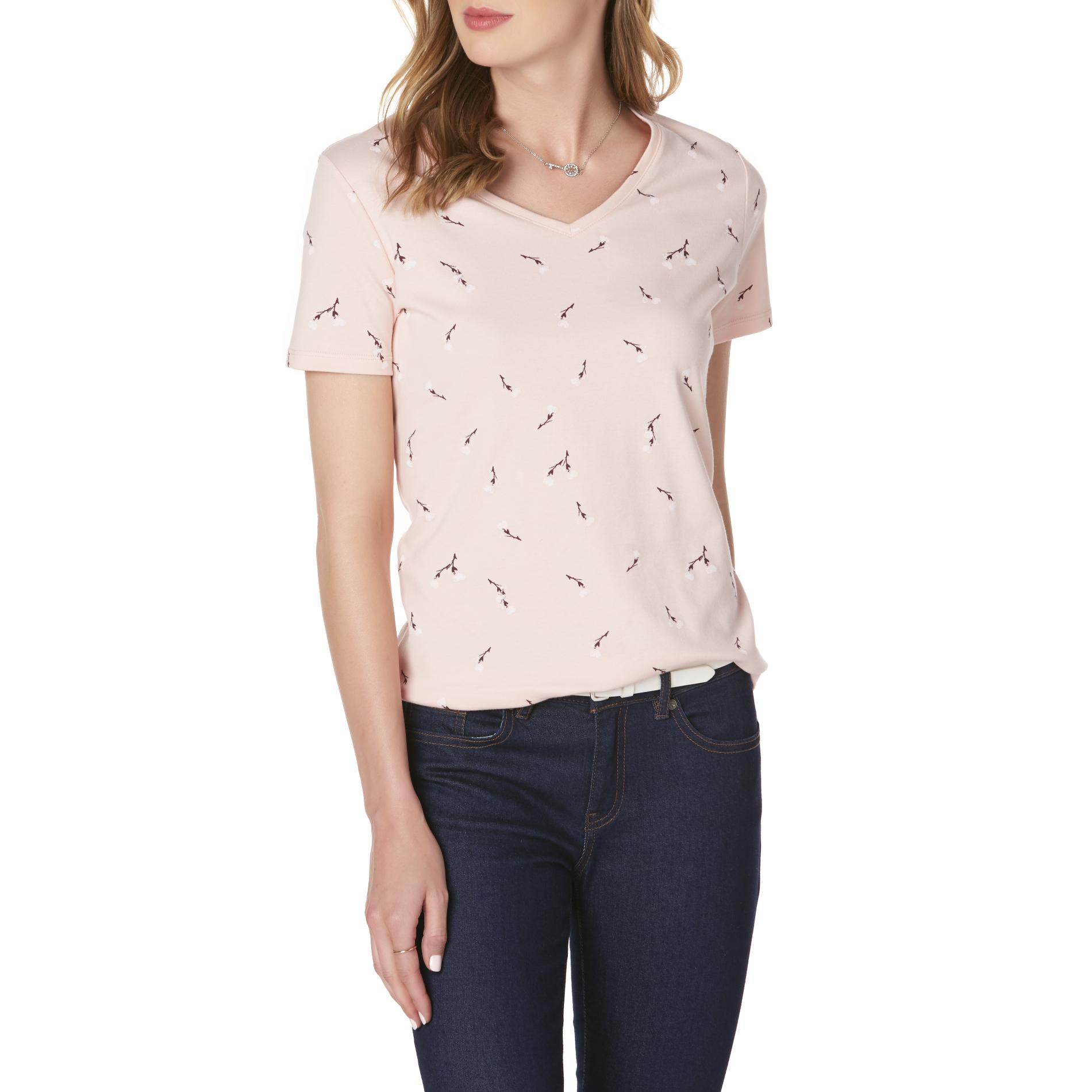 Basic Editions Women's V-Neck T-Shirt - Floral, Size: Medium, Bridal Rose Basic Editions Women's V-Neck T-Shirt - Floral, Size: Medium, Bridal Rose