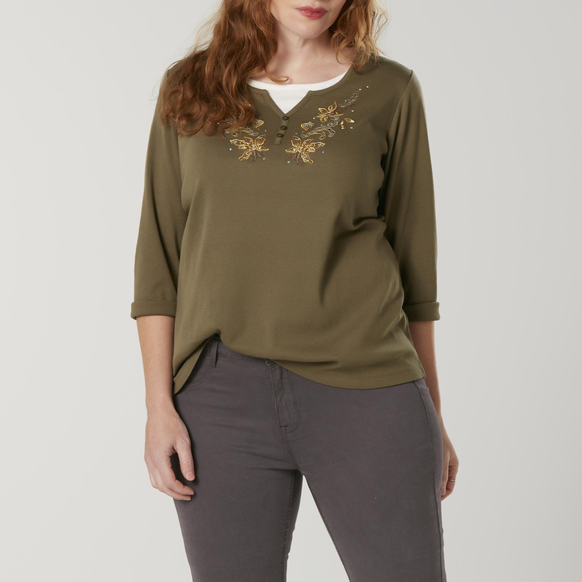 Plus Size Basic Editions Women’s Plus Embellished Top - Floral, Size: 1XL, Winetasting Plus Size Basic Editions Women’s Plus Embellished Top - Floral, Size: 1XL, Winetasting