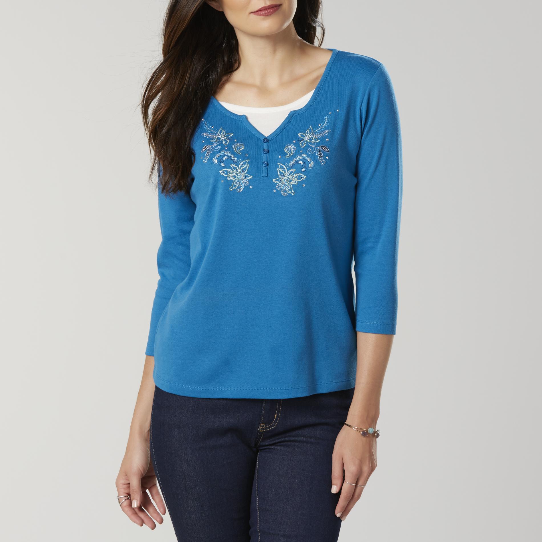 Basic Editions Women’s Embellished Top - Floral, Size: Large, Green Basic Editions Women’s Embellished Top - Floral, Size: Large, Green