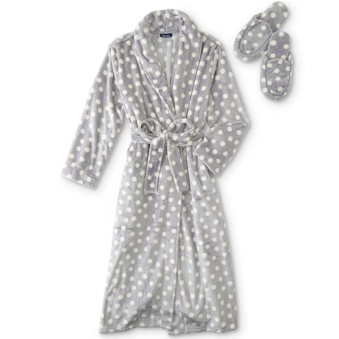 Basic Editions Women's Fleece Robe & Slippers PolkaDot