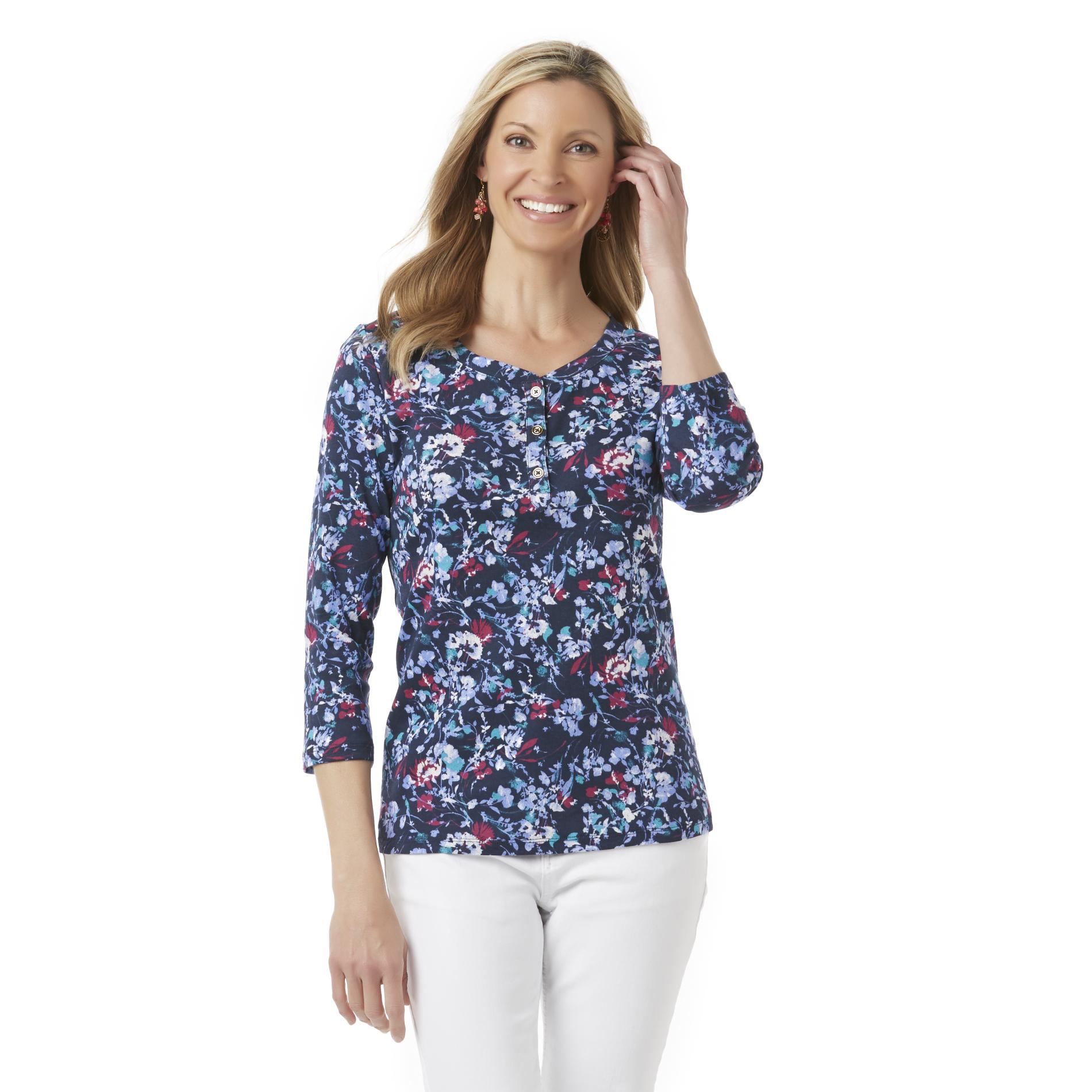Basic Editions Women's Henley Shirt Floral