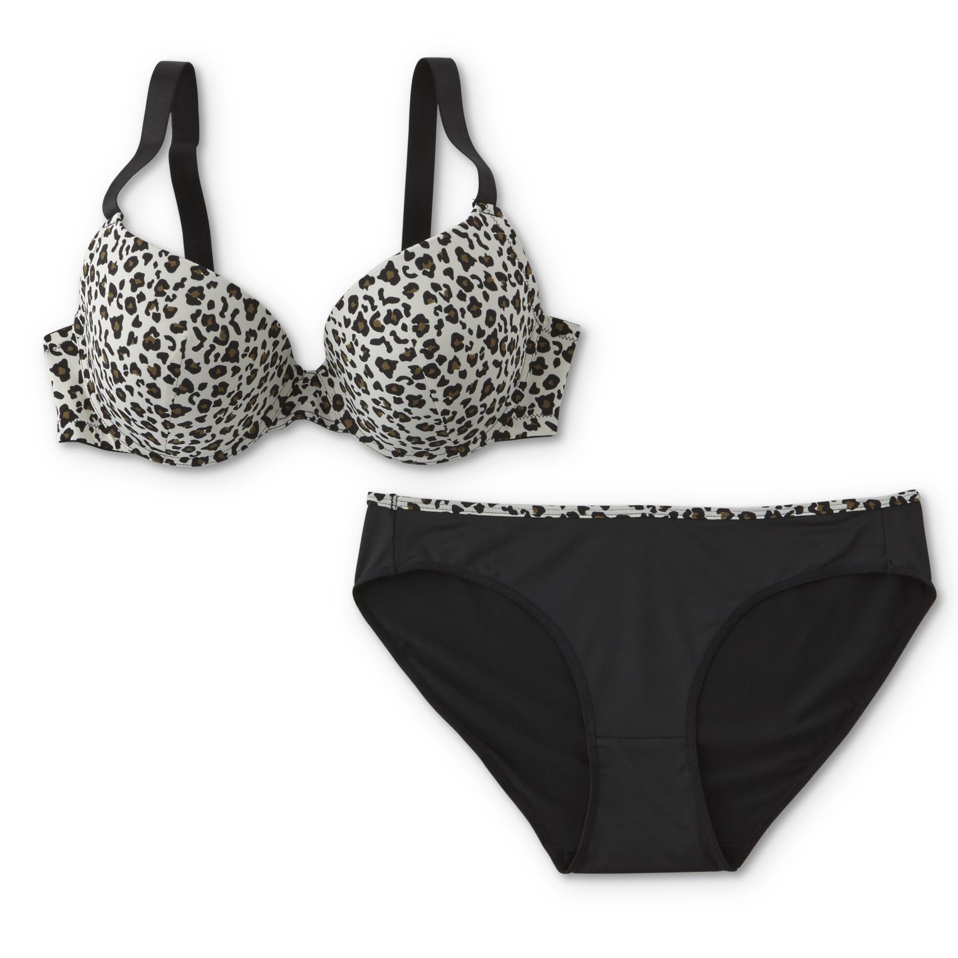 Women's Plus T-Shirt Bra & Bikini Panties - Leopard, Size: 40 B, White/Black Women's Plus T-Shirt Bra & Bikini Panties - Leopard, Size: 40 B, White/Black