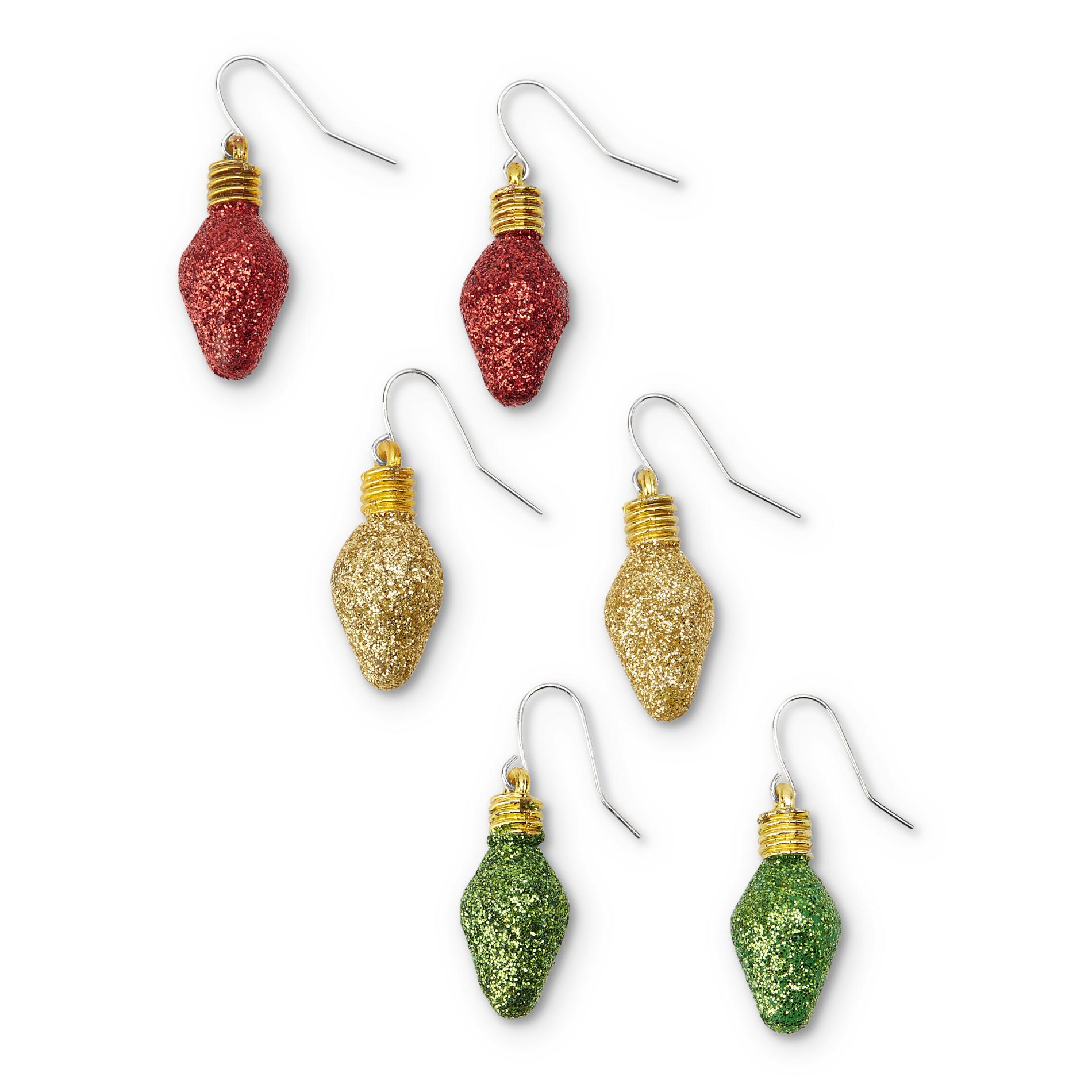 Holiday Editions Women's 3-Pairs Christmas Dangle Earrings - Lights