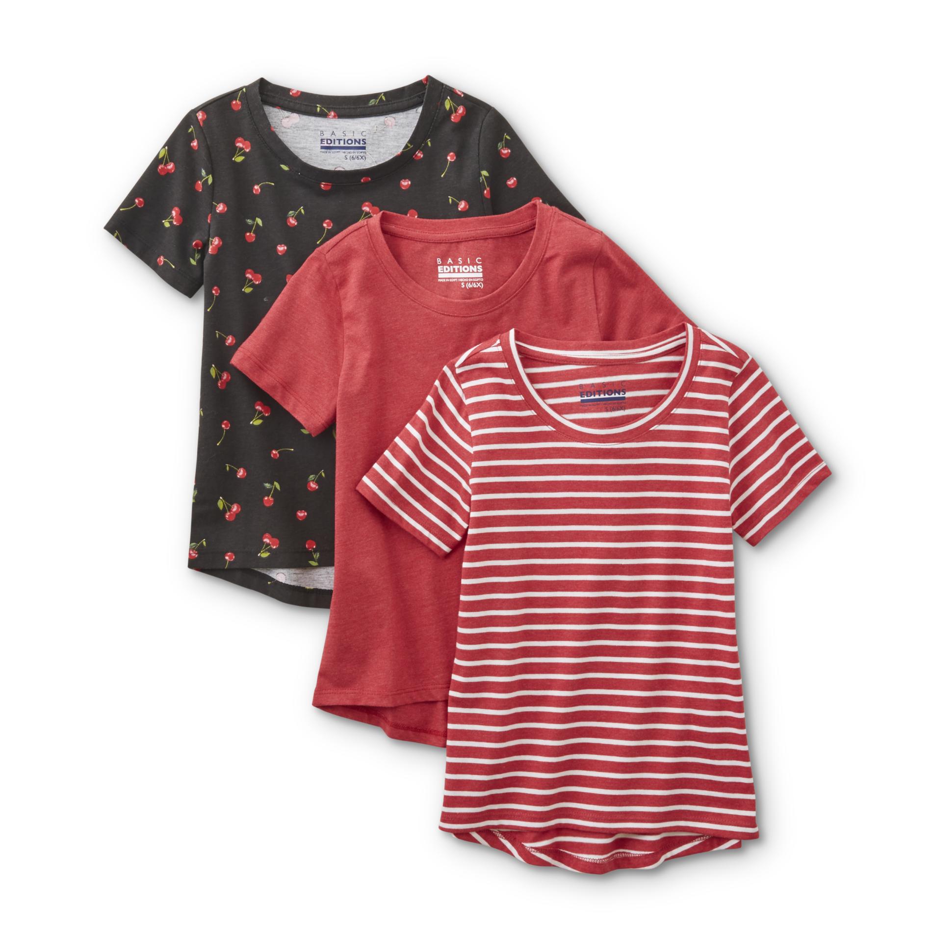 Basic Editions Girls' 3-Pack Scoop Neck T-Shirts - Stripes & Cherries, Size: XS, Jester Red Basic Editions Girls' 3-Pack Scoop Neck T-Shirts - Stripes & Cherries, Size: XS, Jester Red