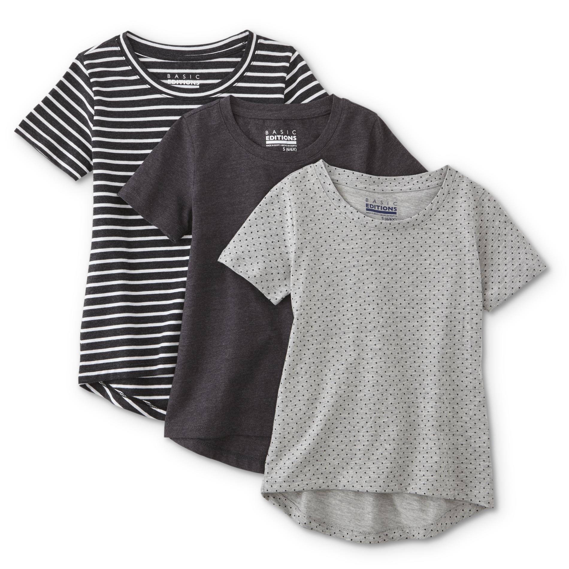 Basic Editions Girls' 3-Pack Scoop Neck T-Shirts - Stripes & Dots, Size: XS, Medieval Blue Basic Editions Girls' 3-Pack Scoop Neck T-Shirts - Stripes & Dots, Size: XS, Medieval Blue