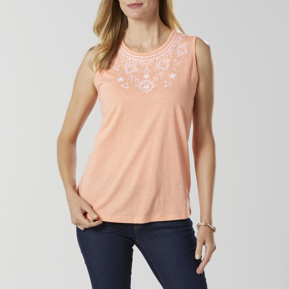 Basic Editions Women's Embroidered Sleeveless Top