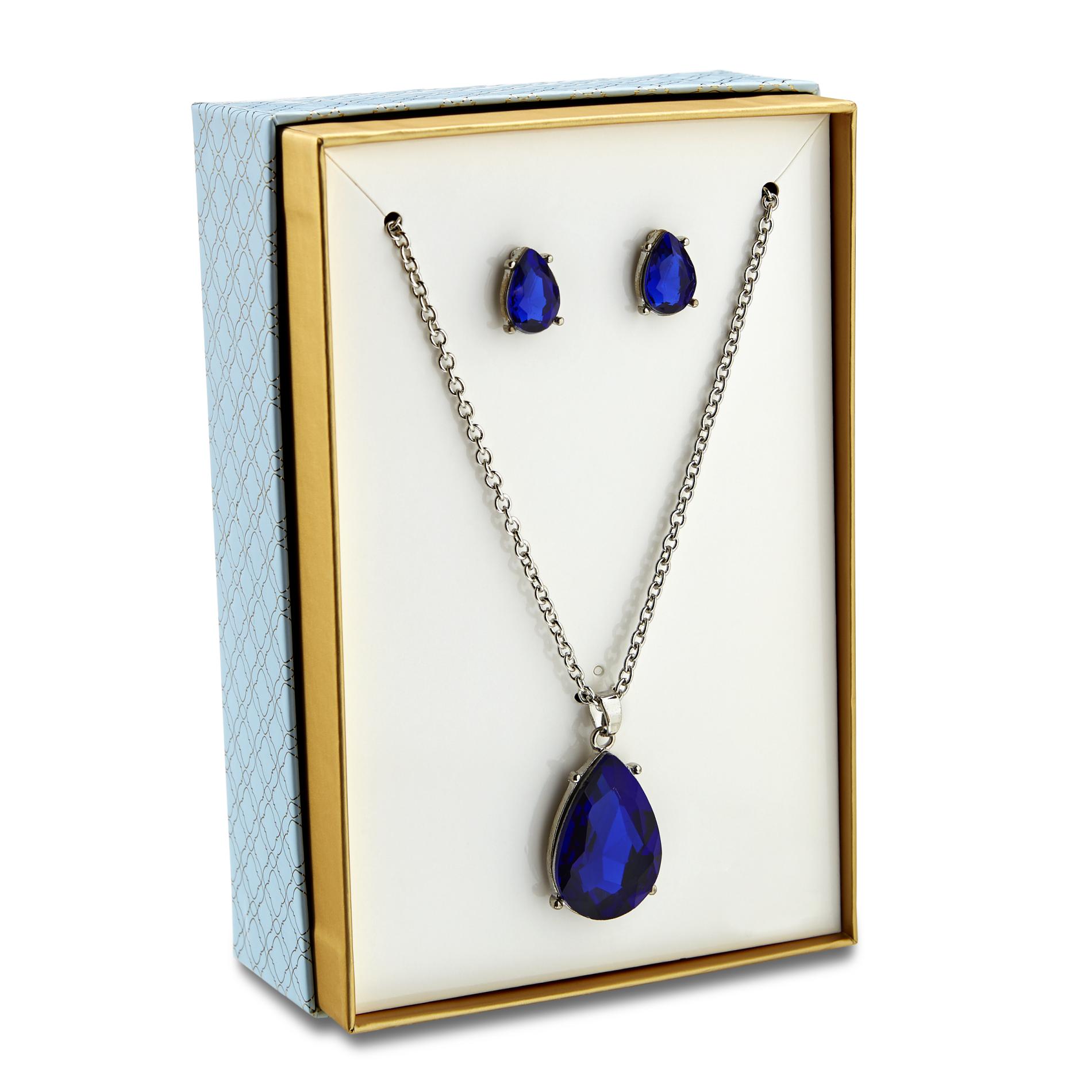 Jaclyn Smith Women's Silvertone Pendant Necklace & Stud Earrings, Size: Small, Blue Jaclyn Smith Women's Silvertone Pendant Necklace & Stud Earrings, Size: Small, Blue