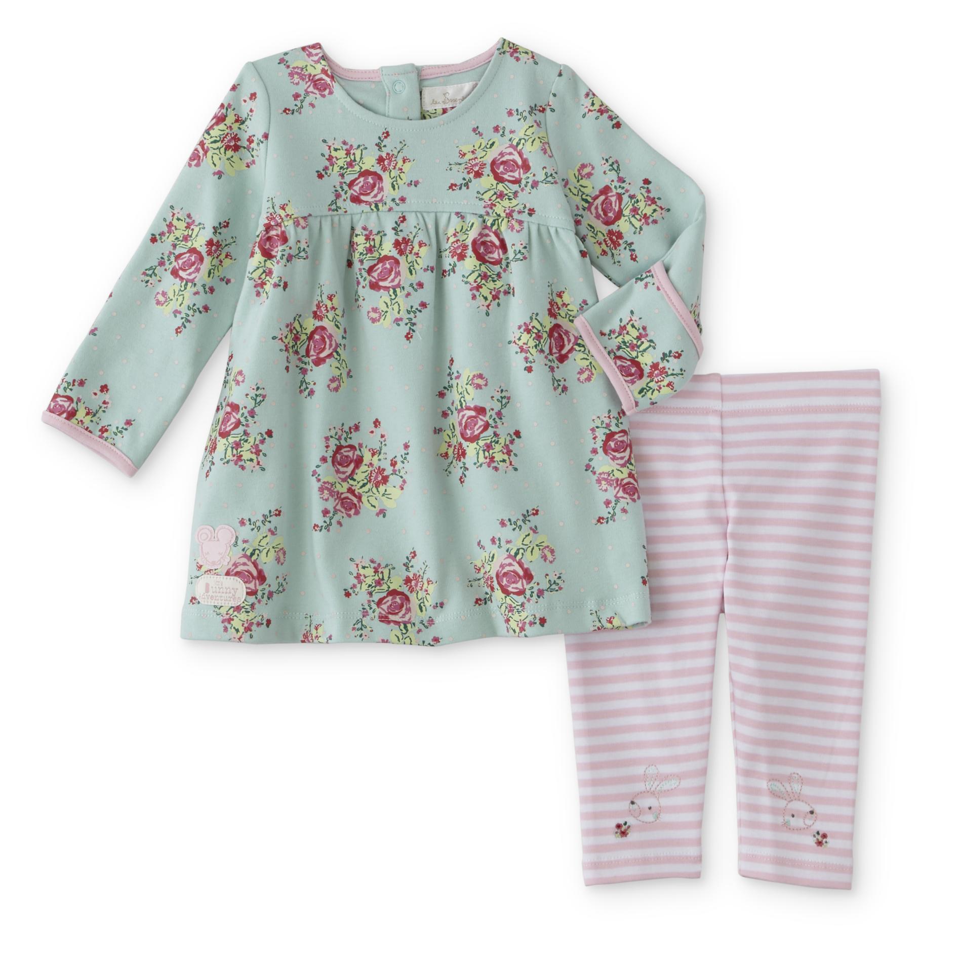 The Essential One Infant Girls’ Babydoll Dress & Leggings – Floral Striped Pink Cotton 6-9 months