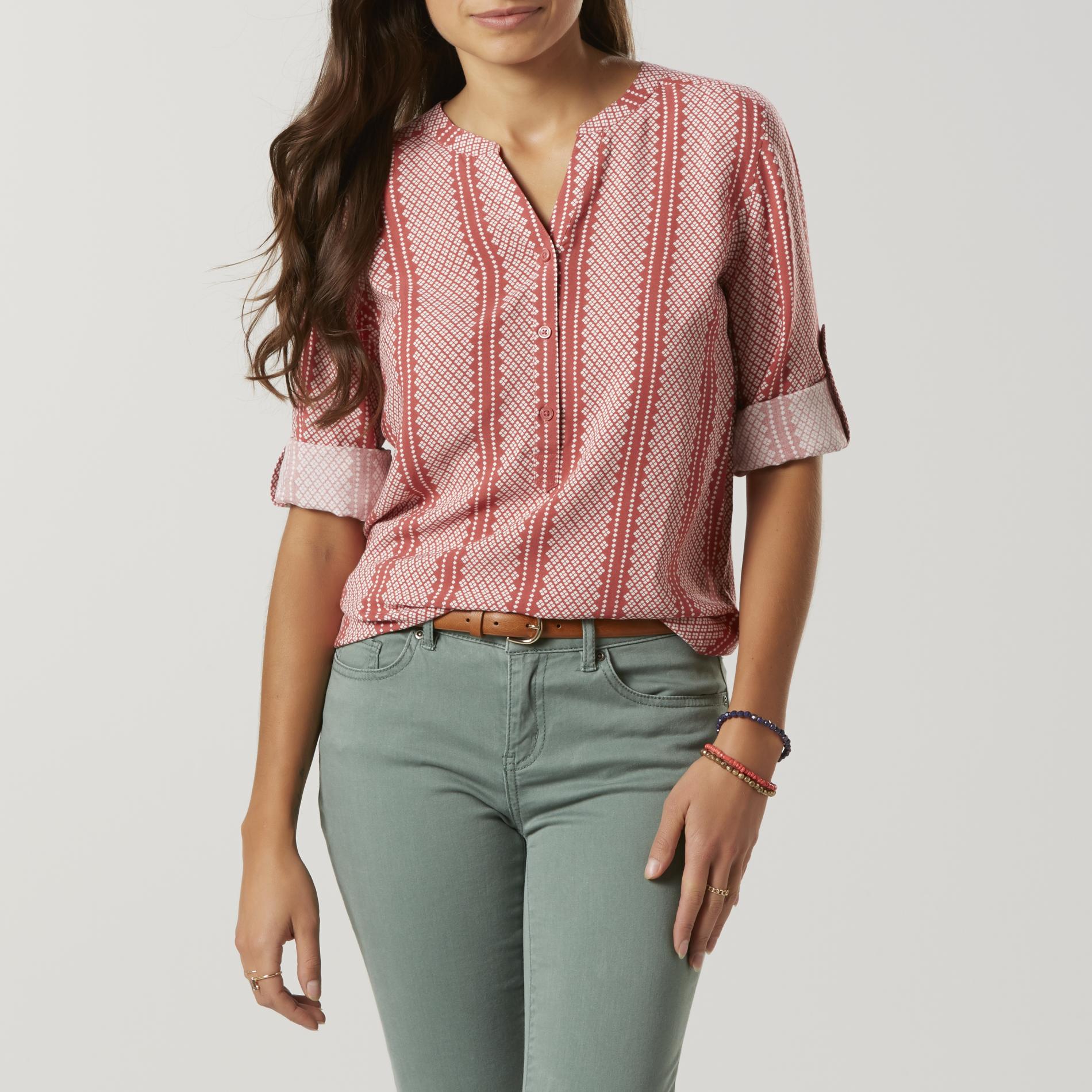 Simply Styled Women's Tab Sleeve Henley Top Geometric