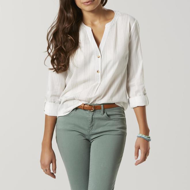 Simply Styled Women's Tab Sleeve Henley Top Striped