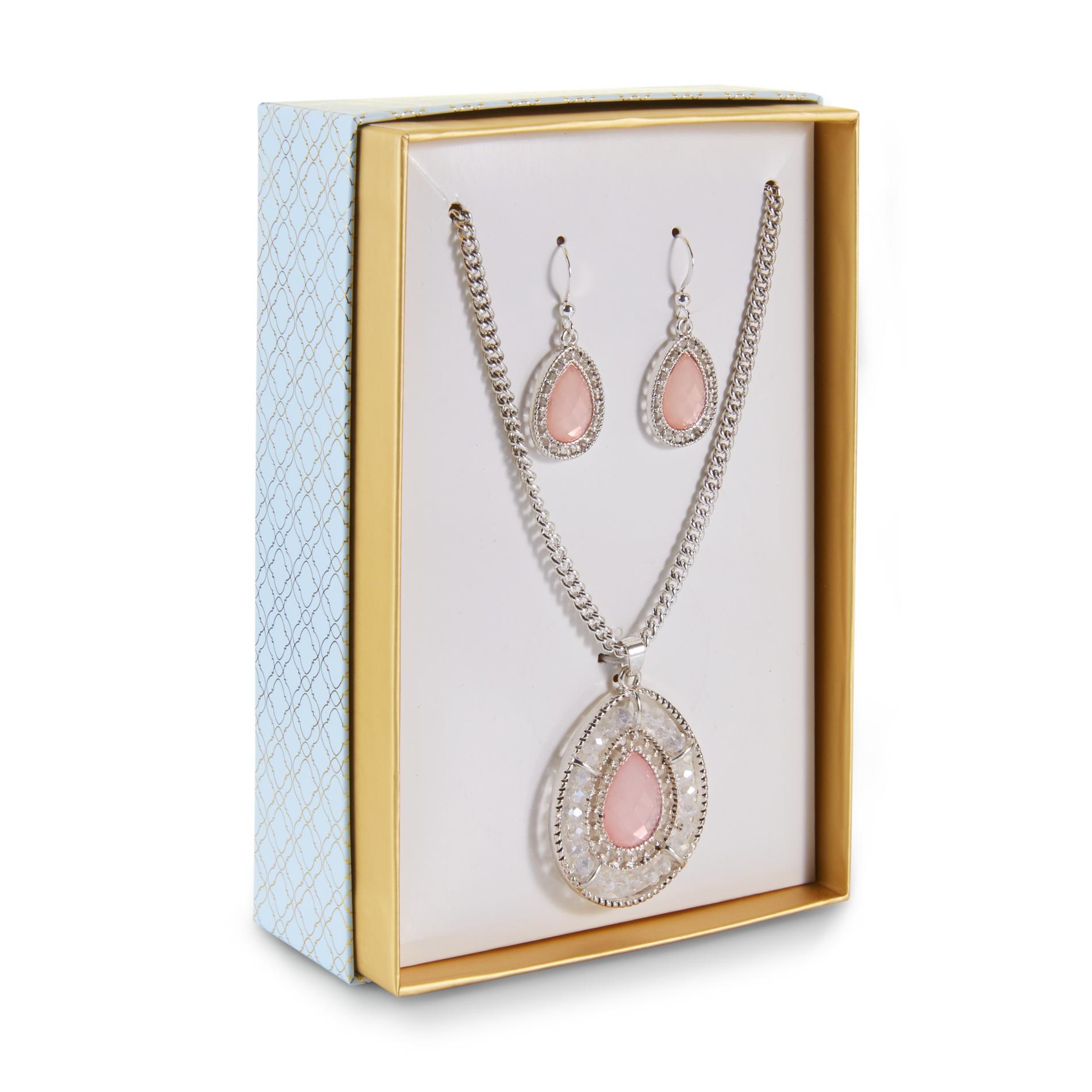 Jaclyn Smith Women's Silvertone Pendant Necklace & Drop Earrings, Pink Jaclyn Smith Women's Silvertone Pendant Necklace & Drop Earrings, Pink