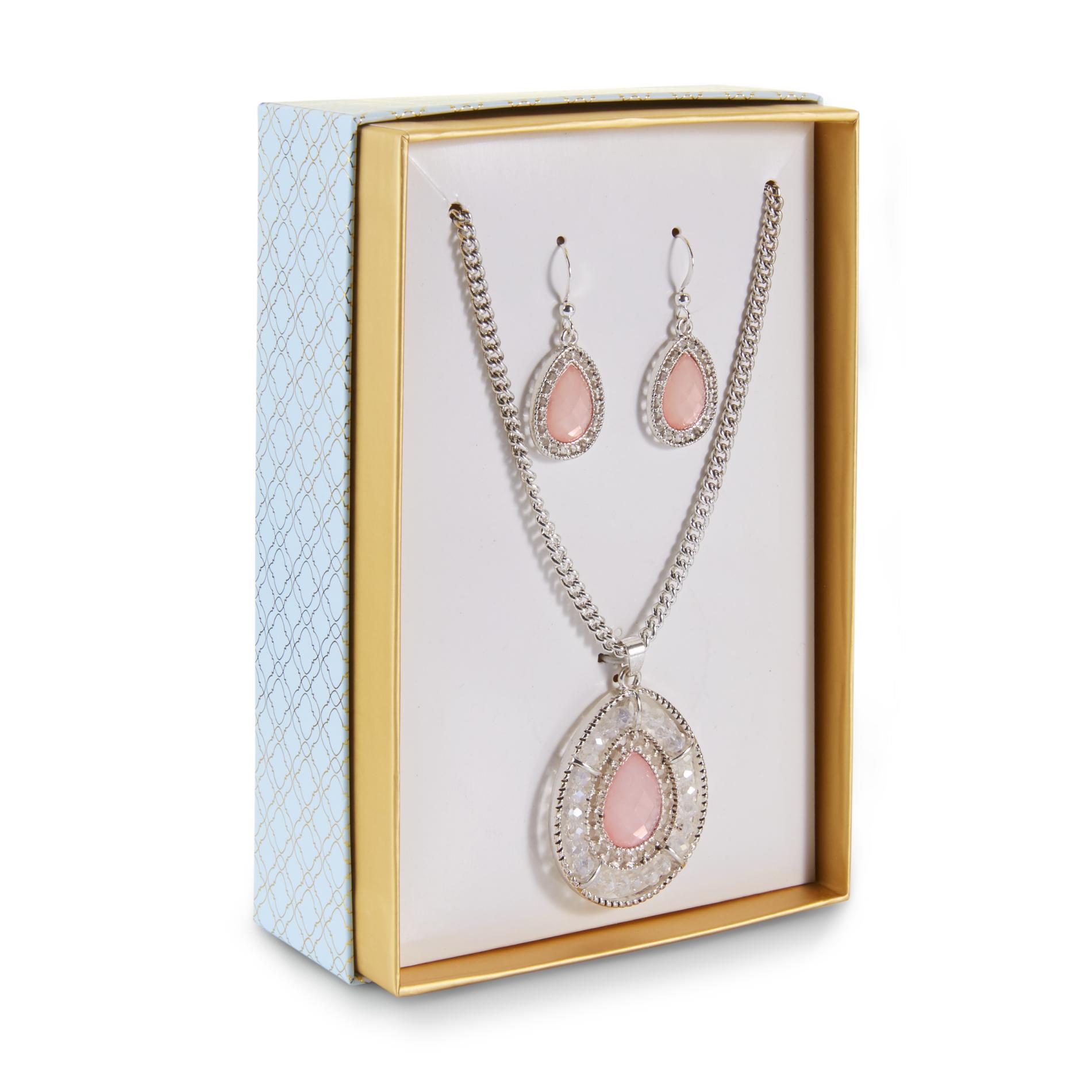 Jaclyn Smith Women's Silvertone Pendant Necklace & Drop Earrings