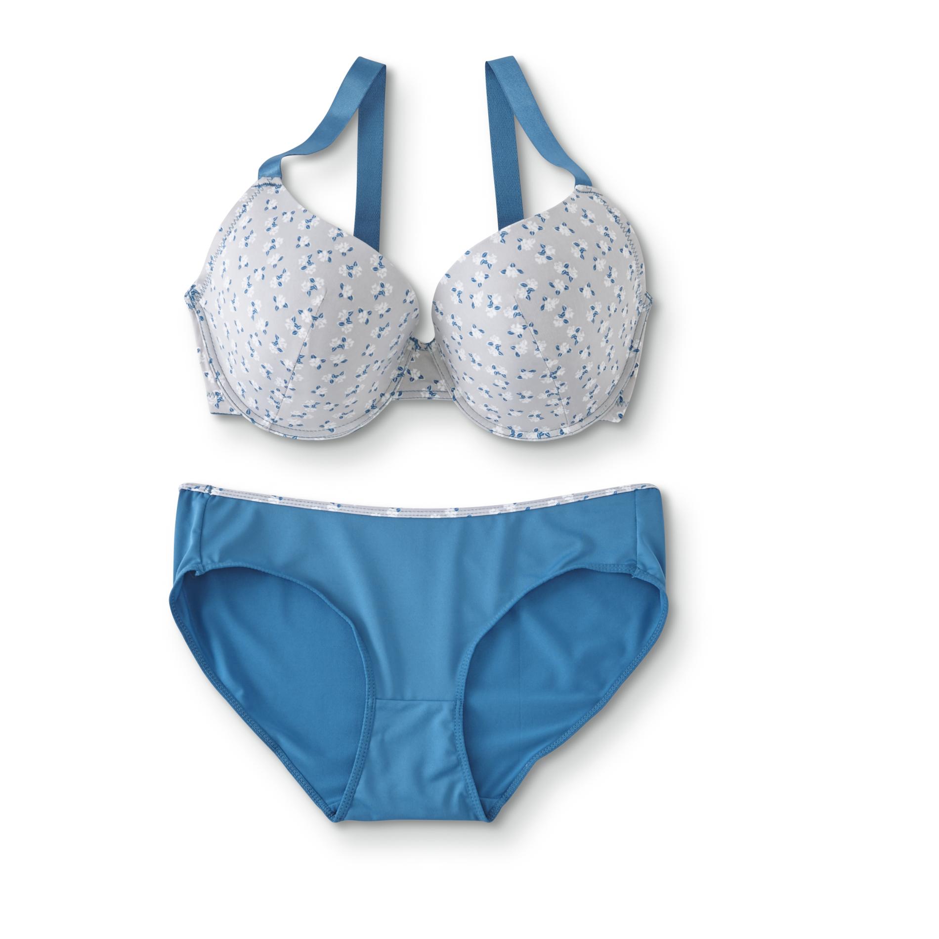 Women's Full-Figure T-Shirt Bra & Bikini Panties - Floral, Size: 40, Mykonos Blue Women's Full-Figure T-Shirt Bra & Bikini Panties - Floral, Size: 40, Mykonos Blue