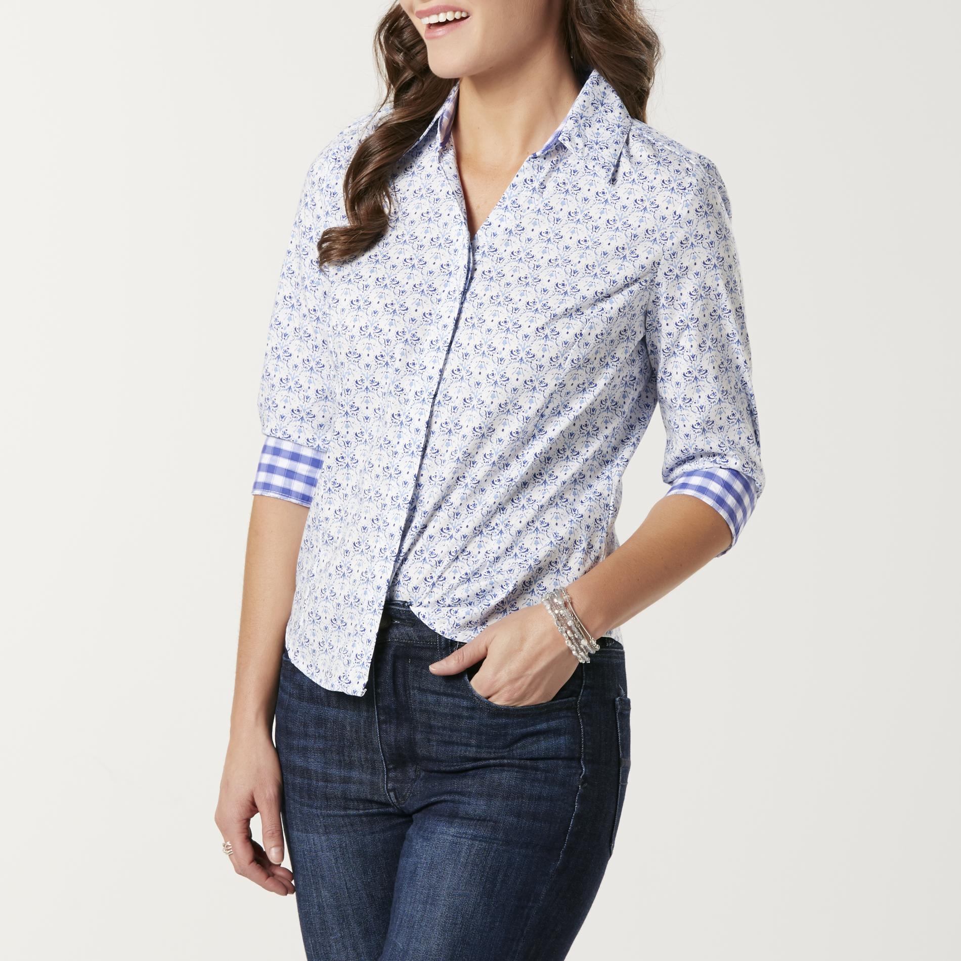 Basic Editions Women's Split Neck Shirt - Tile, Size: Large, Core White/Blue Basic Editions Women's Split Neck Shirt - Tile, Size: Large, Core White/Blue