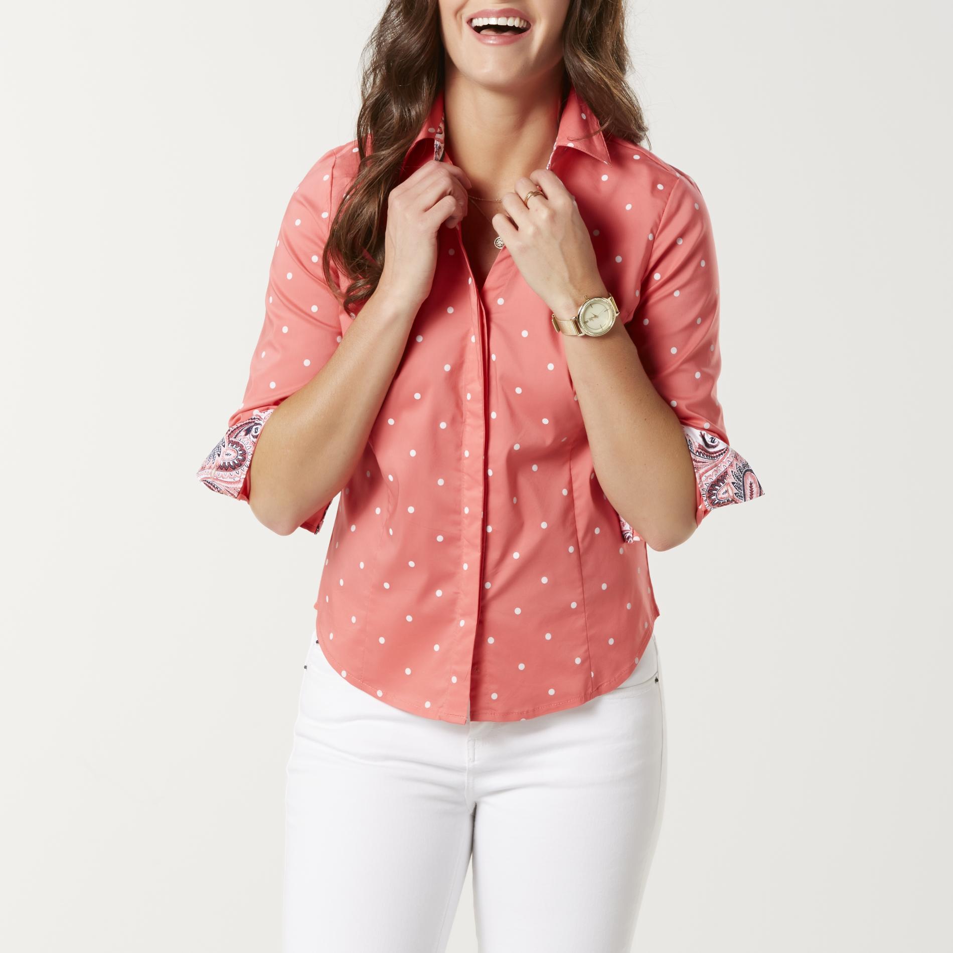 Basic Editions Women's Split Neck Shirt - Dots, Size: Medium, Calypso Pink Basic Editions Women's Split Neck Shirt - Dots, Size: Medium, Calypso Pink