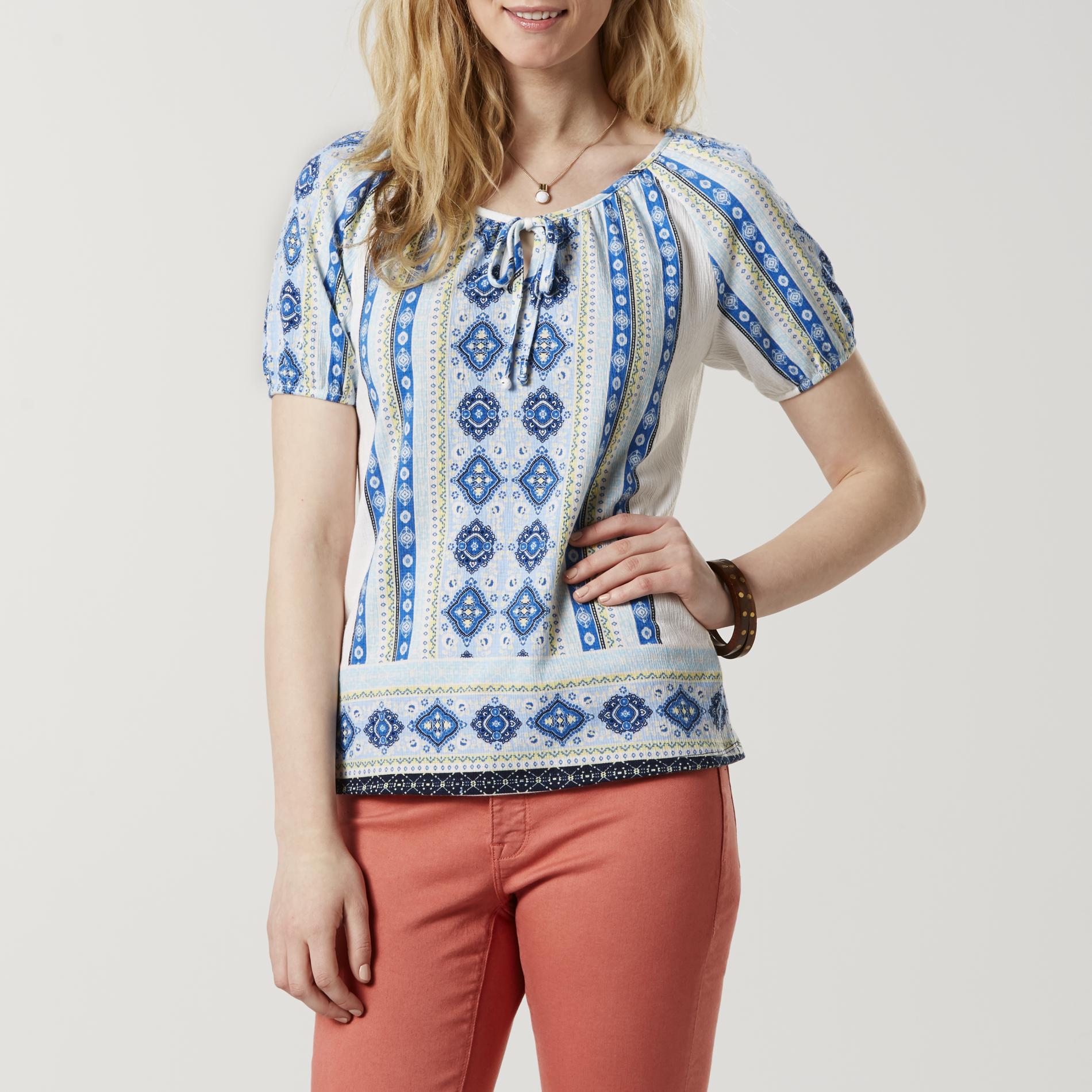 Basic Editions Women's Peasant Top - Border Print, Size: Small, Red Basic Editions Women's Peasant Top - Border Print, Size: Small, Red