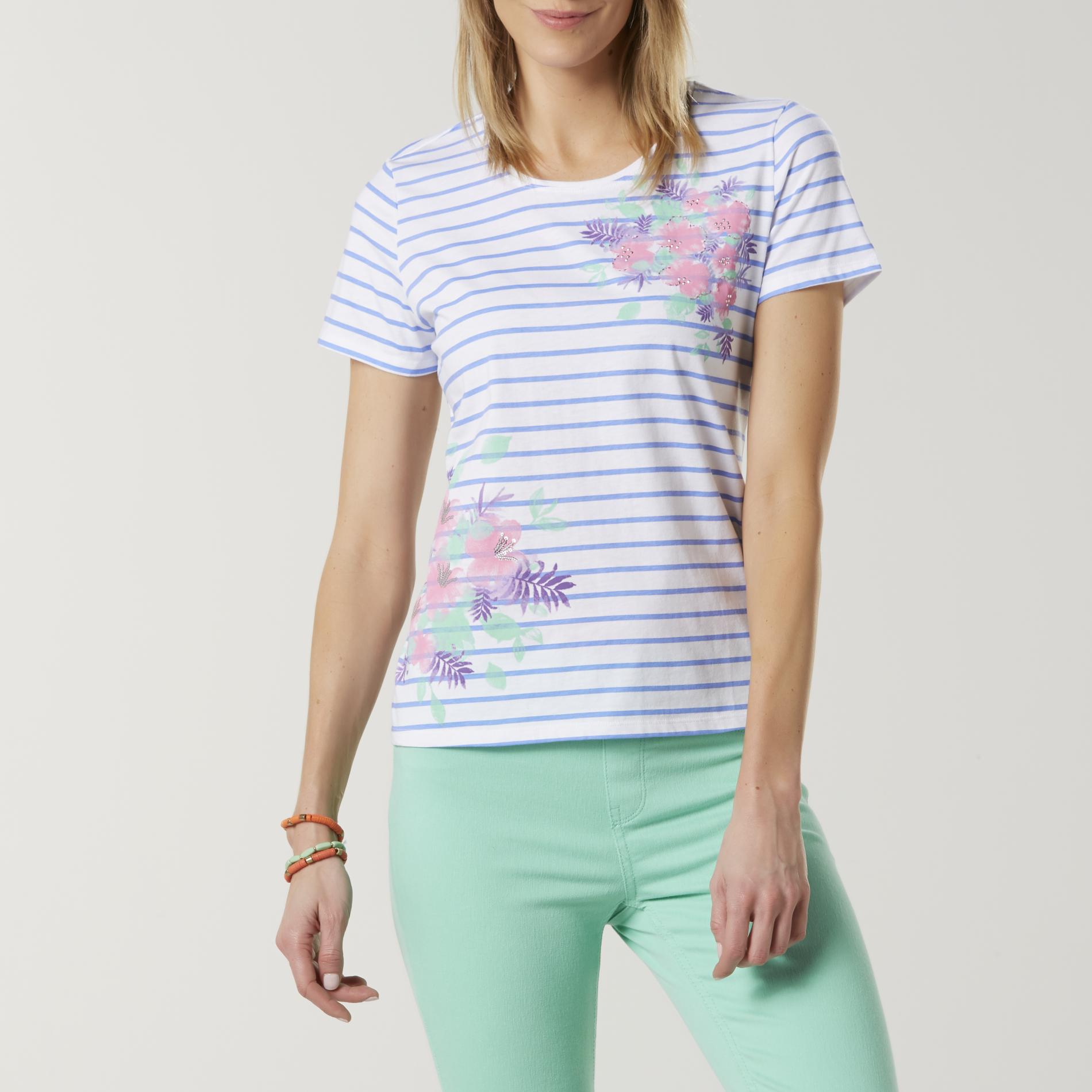 Laura Scott Women's Embellished Graphic T-Shirt - Striped Floral