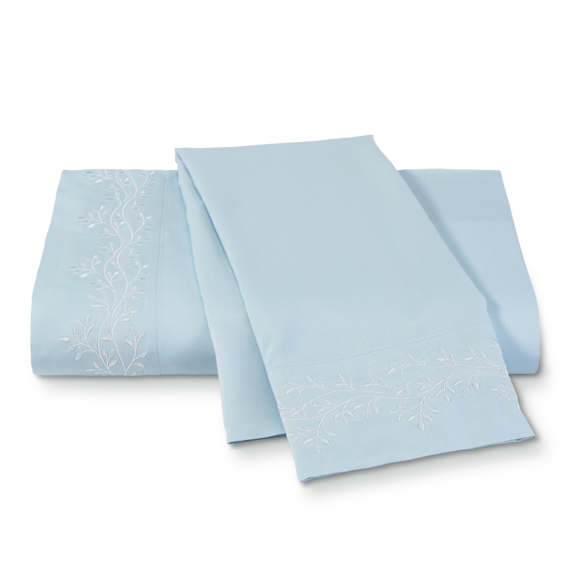 2pk Vine Embroidered Pillowcase Set - Blue