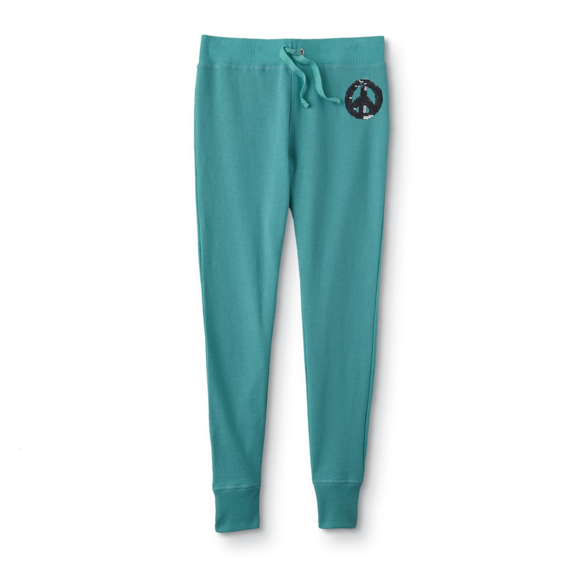 Basic Editions Girls' Jogger Pants - Peace Symbol, Size: 7, Turquoise Basic Editions Girls' Jogger Pants - Peace Symbol, Size: 7, Turquoise