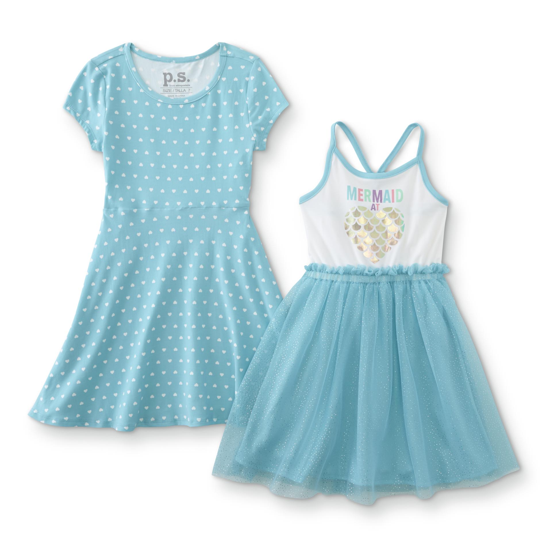 Aero Girls' 2-Pack Dresses - Hearts/Mermaid, Size: 7, Blue Aero Girls' 2-Pack Dresses - Hearts/Mermaid, Size: 7, Blue