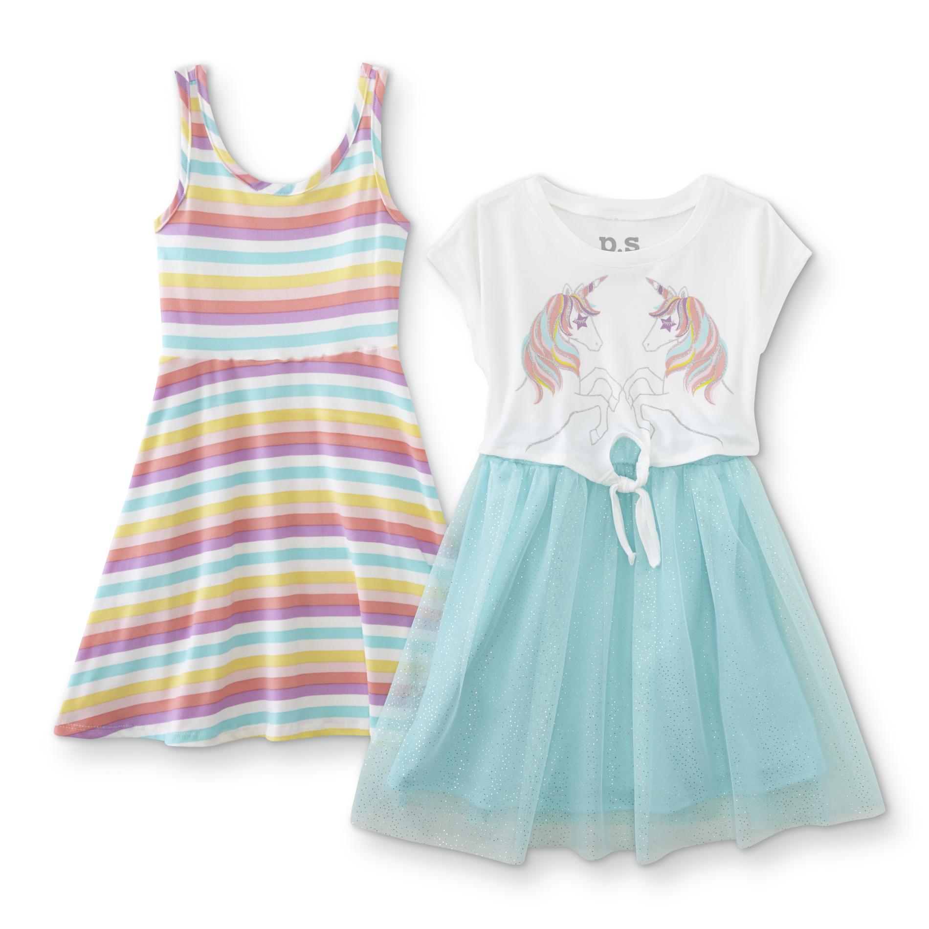 Aero Girls' 2-Pack Dresses - Striped/Unicorn, Size: 7, Multi-color Aero Girls' 2-Pack Dresses - Striped/Unicorn, Size: 7, Multi-color