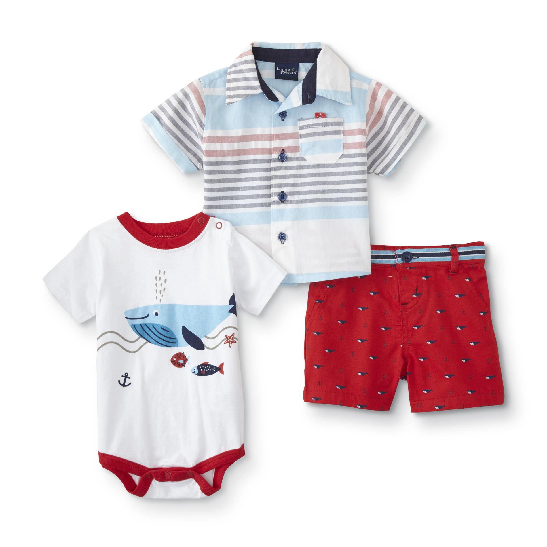 Infant Boys Bodysuit, Shirt & Shorts - Whales/Stripes