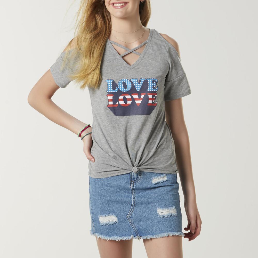 Joe Boxer Juniors' Cold Shoulder T-Shirt - American Flag/Love