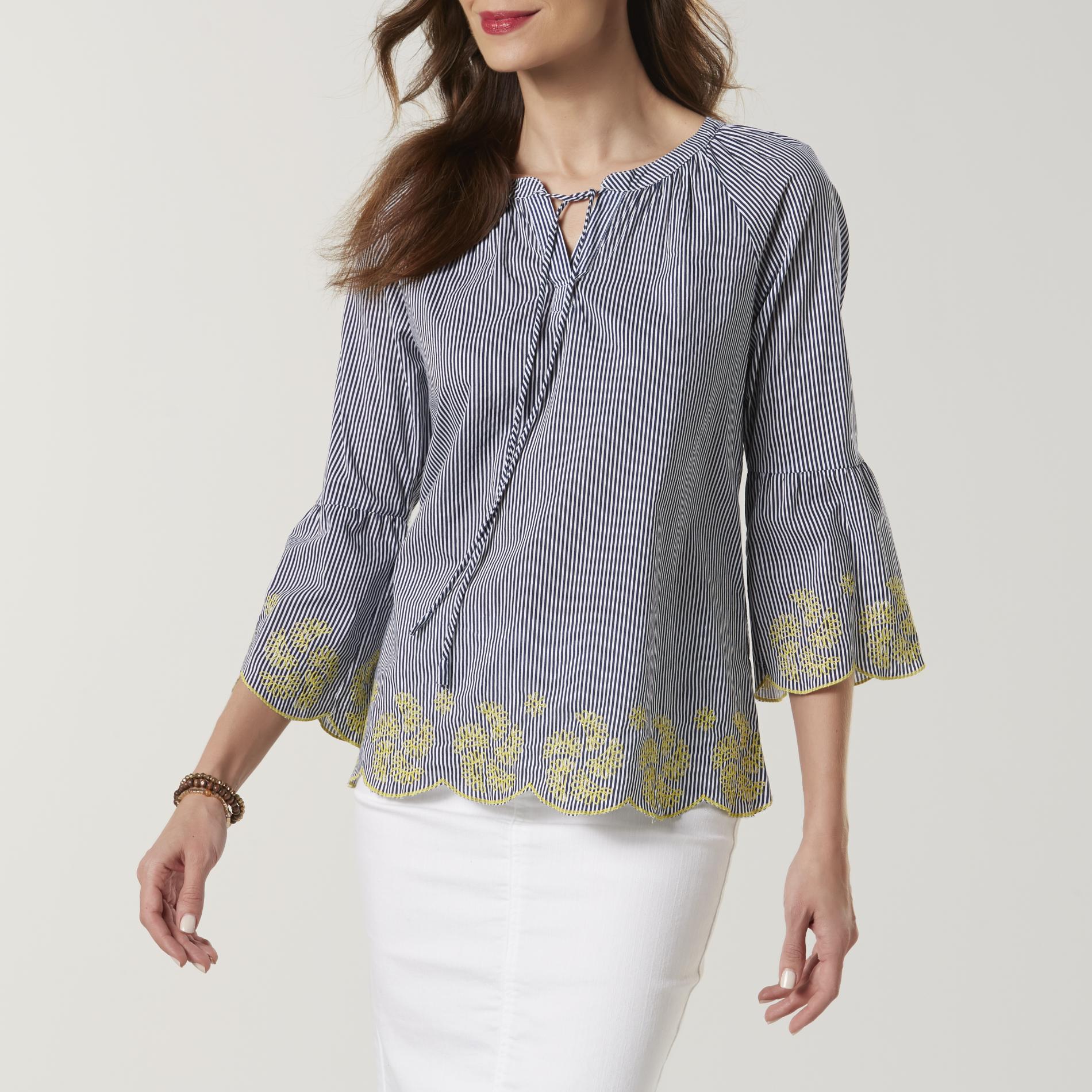 Basic Editions Women's Trumpet Sleeve Blouse - Striped, Size: Small, Blue Basic Editions Women's Trumpet Sleeve Blouse - Striped, Size: Small, Blue